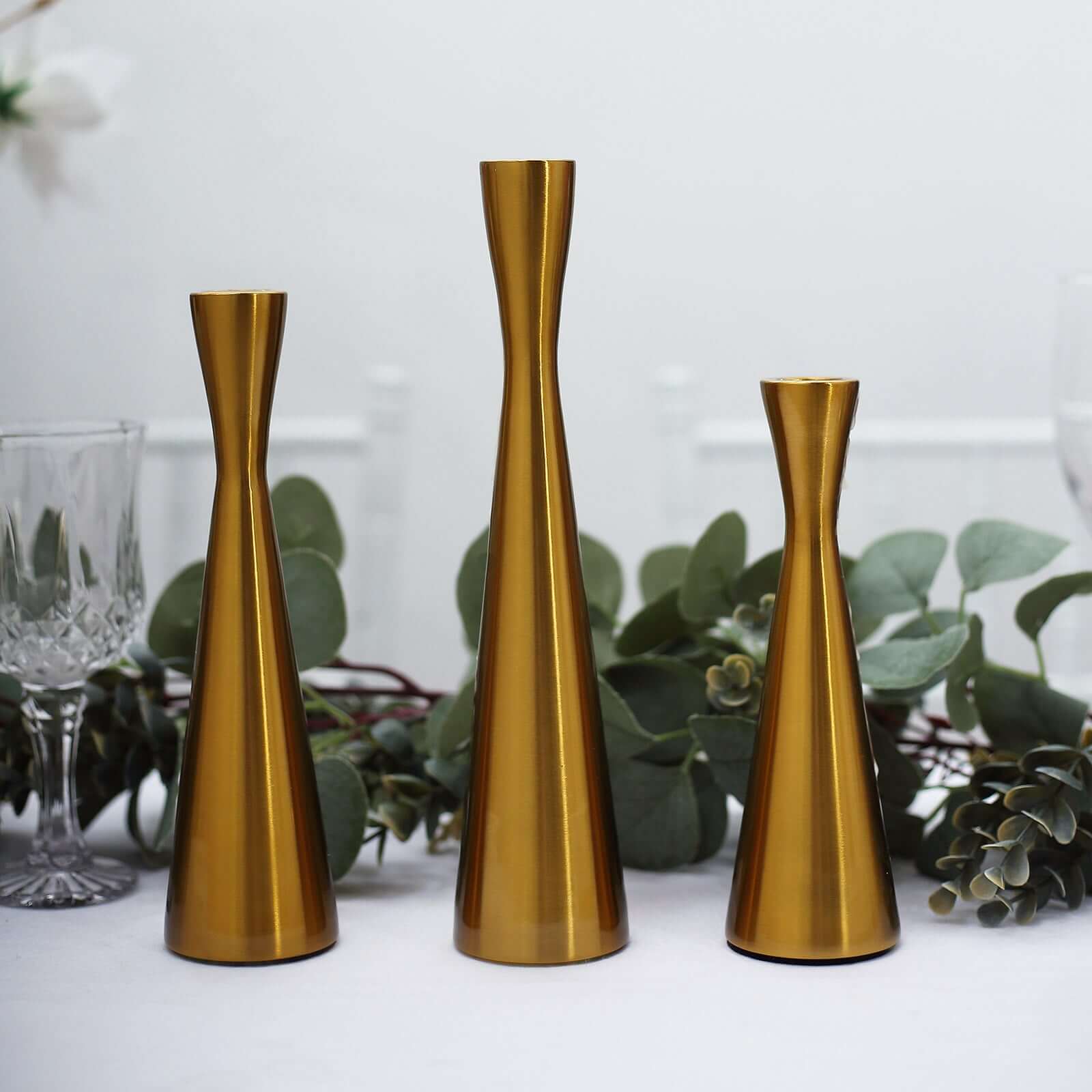 Set of 3 Hourglass Taper Candle Holders Gold Metal Nordic European Design - Tabletop Decor 8", 9", 11"