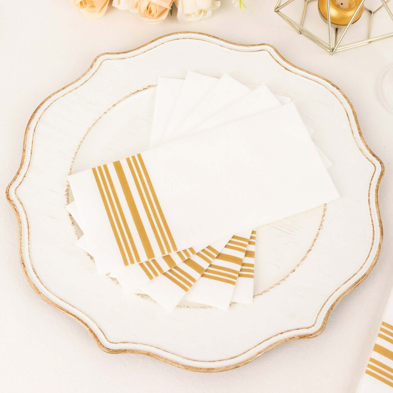 20-Pack Paper Guest Towels White Linen-Like with Gold Lines - Disposable Airlaid Napkins for Formal and Casual Use 8"x4"