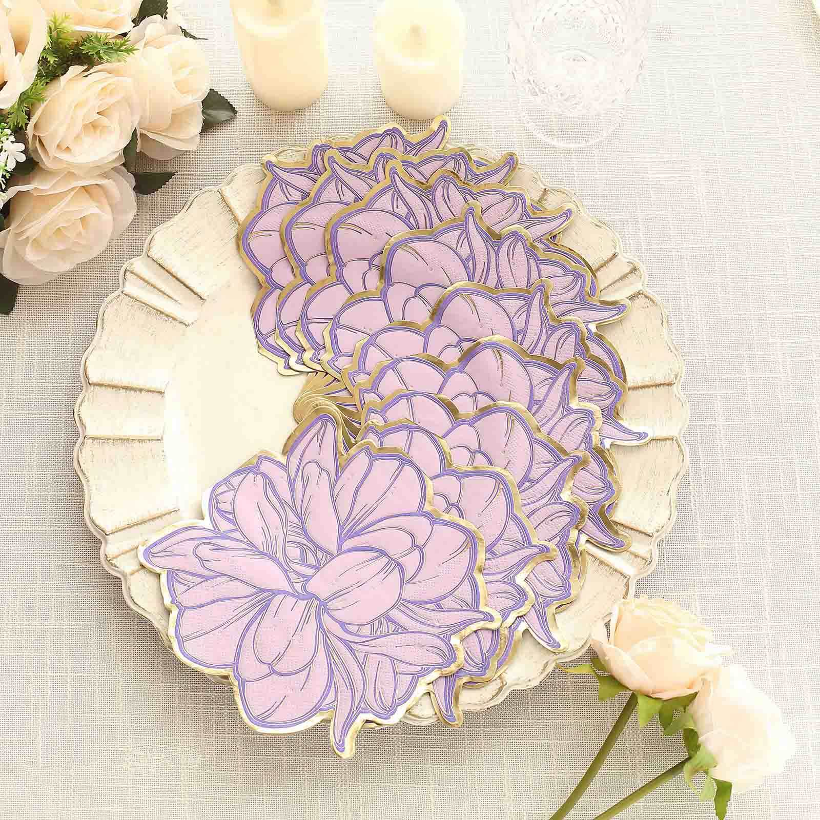 20-Pack Paper Cocktail Napkins with Purple Peony Flower Shape and Gold Edges - Stylish Disposable Party Napkins