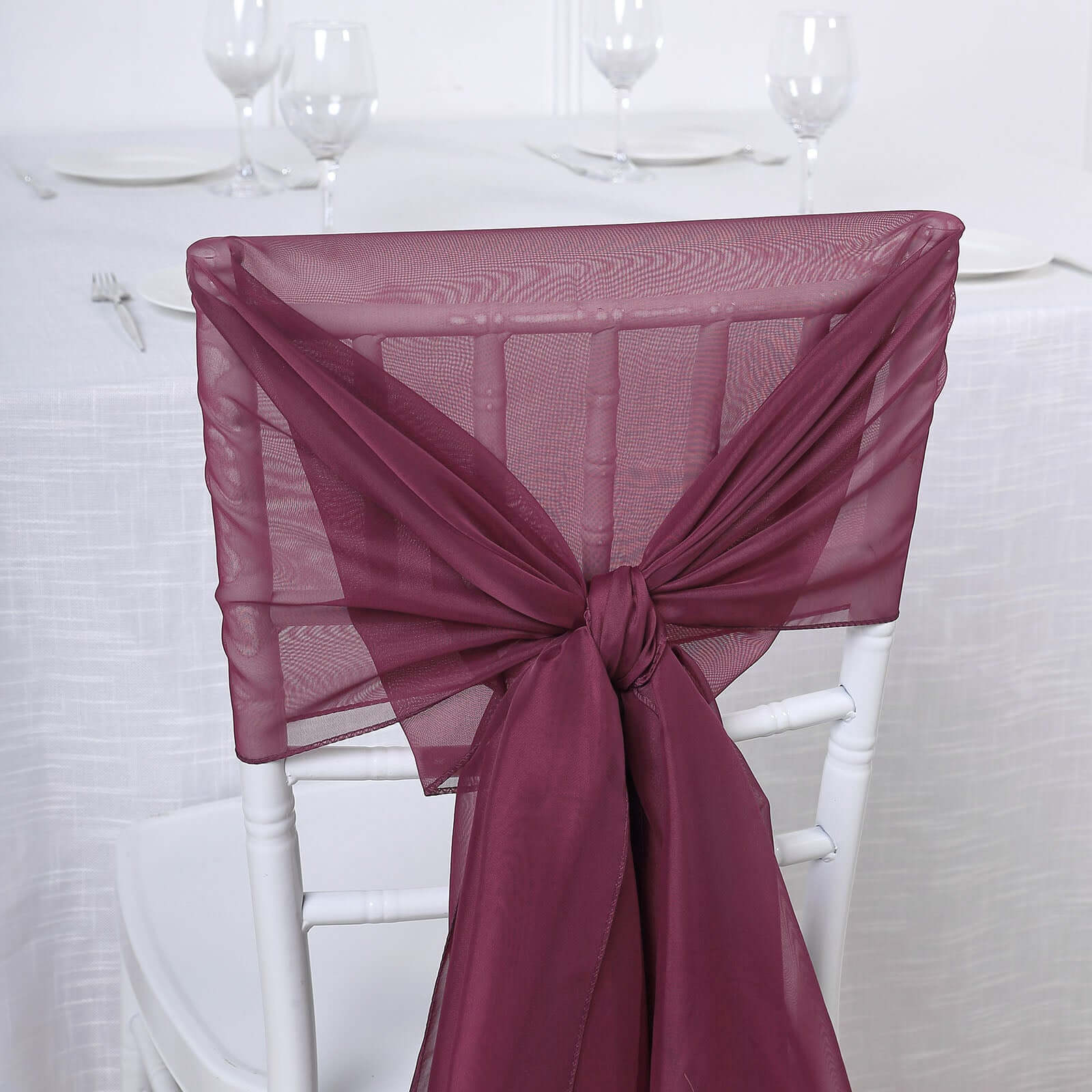 5 Pack Premium Chiffon Chair Sashes Burgundy - Soft & Lightweight Designer Chair Bows 22"x78"