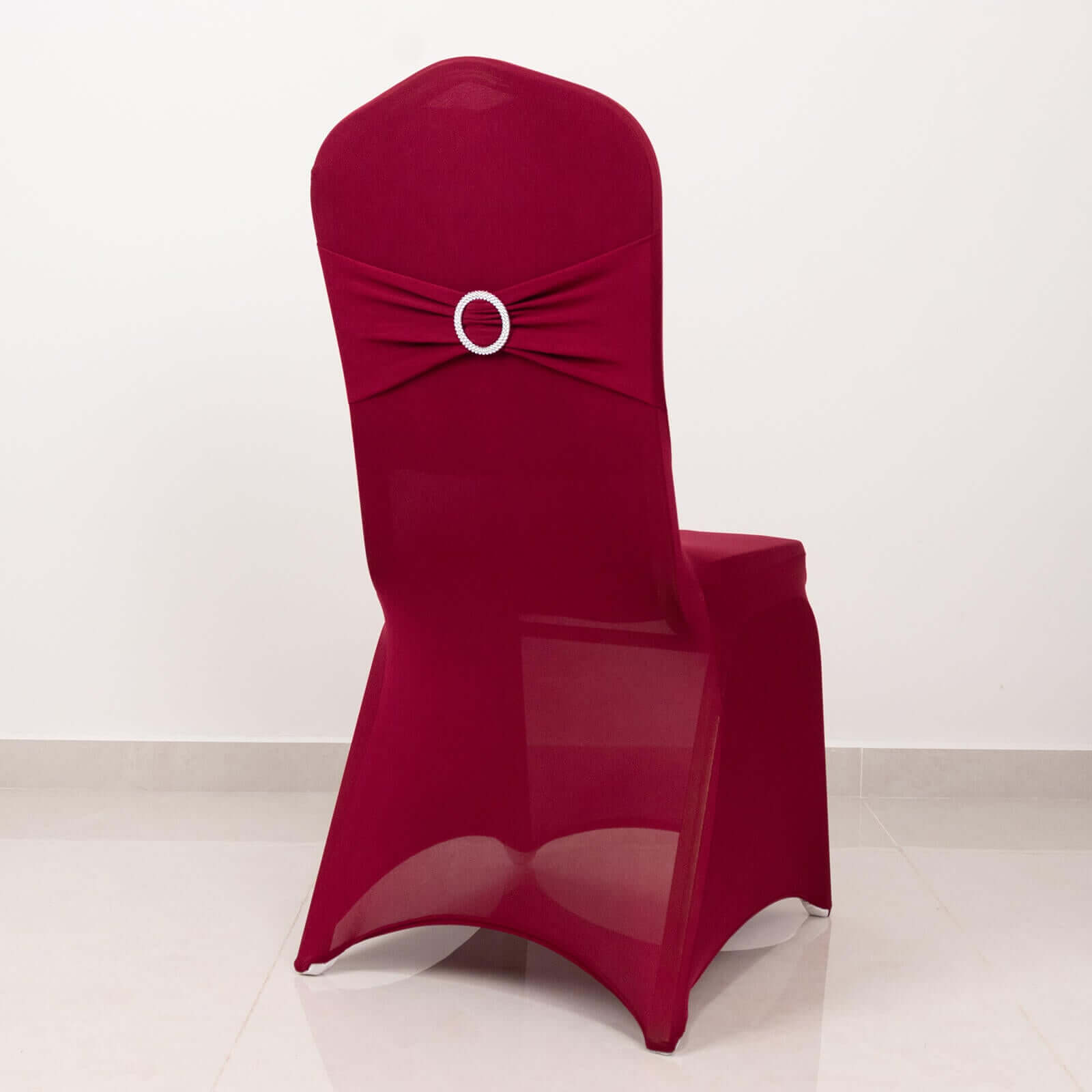 Spandex Chair Cover with Burgundy Rhinestone Buckled Sash Band Blush - Stretch Fitted Slipcover