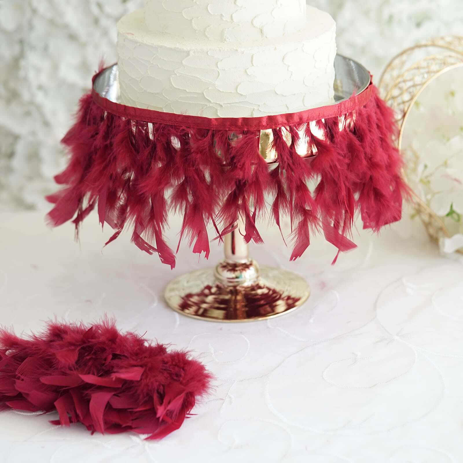 39" Burgundy Real Turkey Feather Fringe Trim With Satin Ribbon Tape