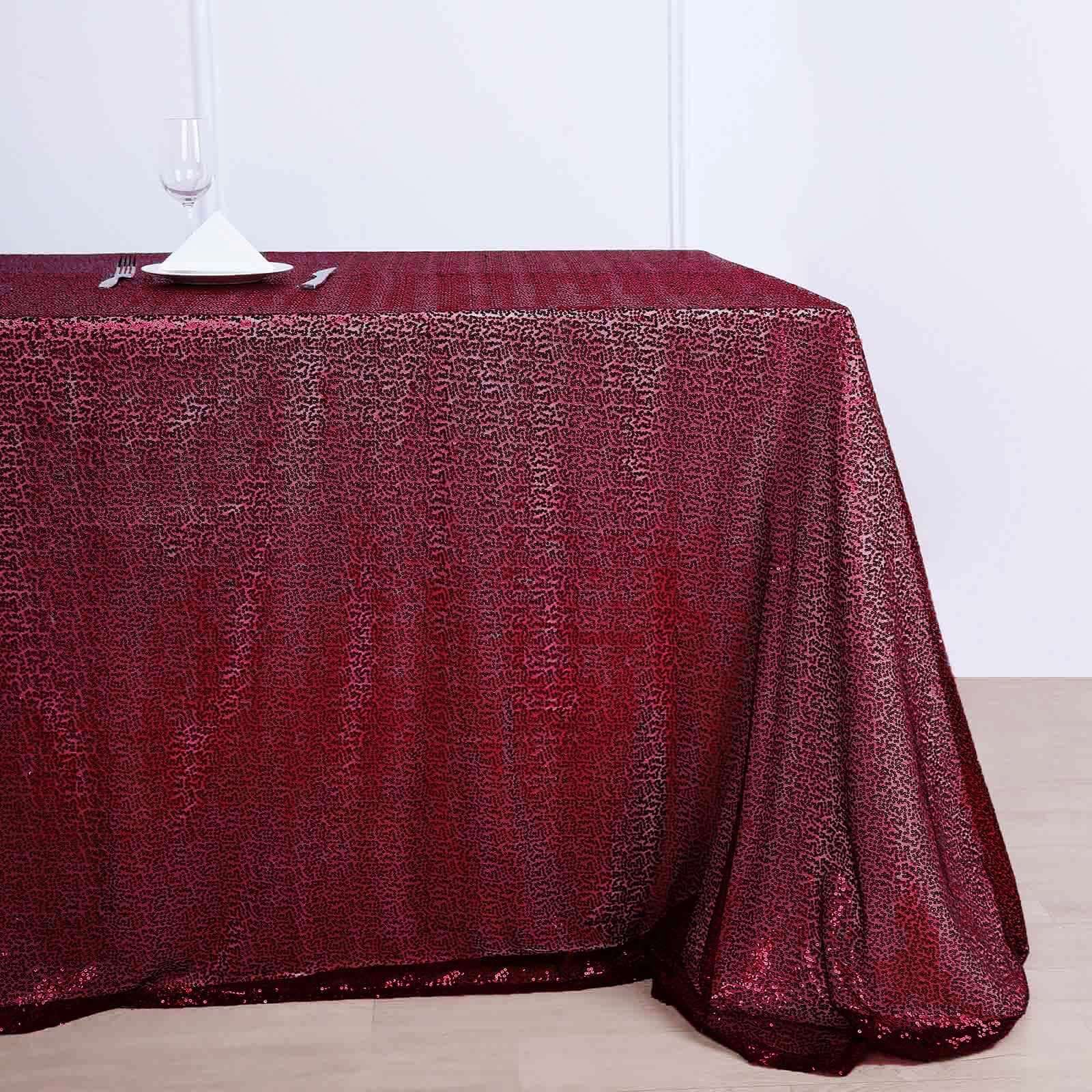 90x156" Burgundy Seamless Sequin Rectangle Tablecloth for 8 Foot Table With Floor-Length Drop