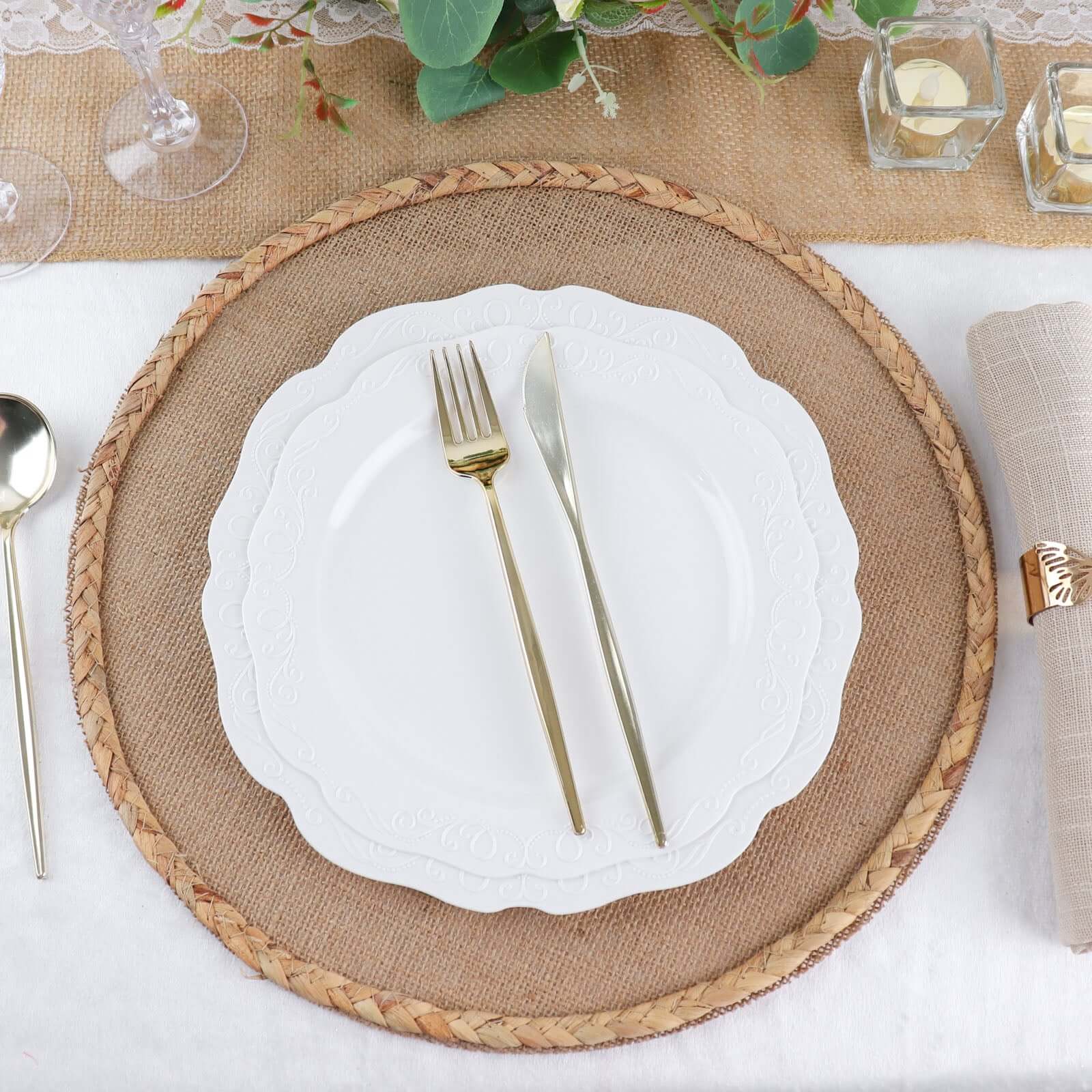 4-Pack Placemats Braided Edge Design Natural Burlap Jute Round - Rustic Farmhouse Style with Trim 15"