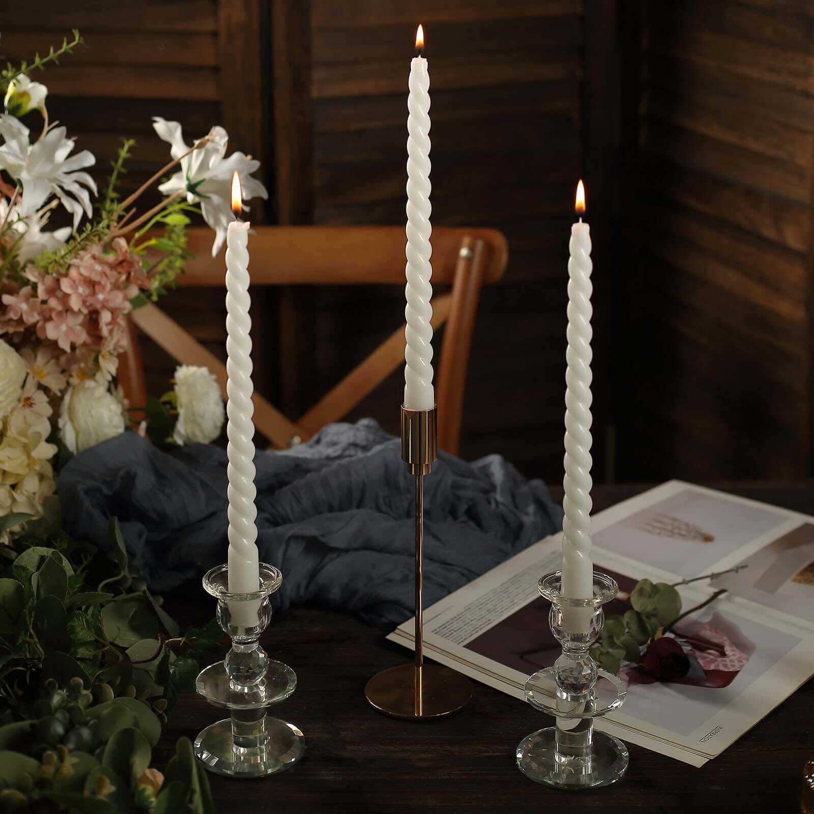 12-Pack Taper Candles Spiral Long Burn Wick Design White - Premium Unscented Wax Dinner Candle Sticks 11"