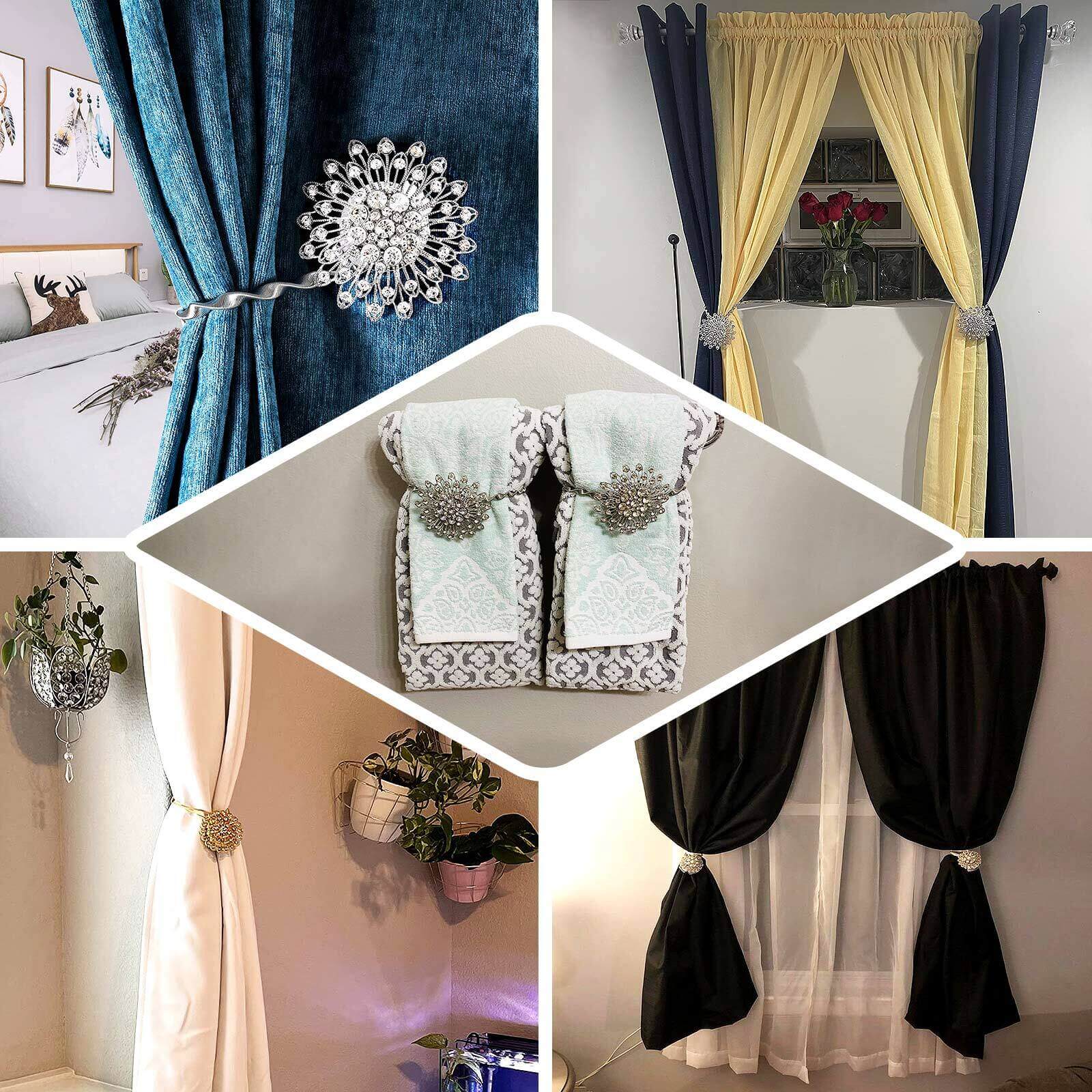 2 Pack 4" Gold Crystal Flower Magnetic Curtain Tie Backs, Backdrop Drapery Panel Buckle Clips