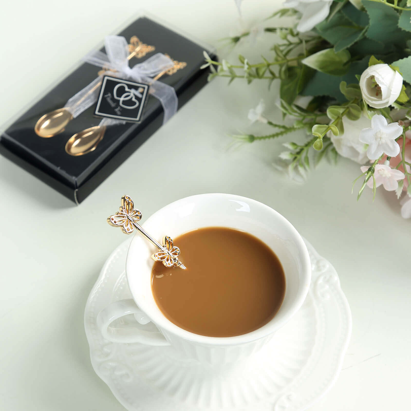 5 Pack Gold Metal Butterfly Handle Dessert Spoons in Clear Top Black Gift Box, Pre-Packed Mini Espresso Coffee Spoons Wedding Souvenir Gift with Thank You Tag and Ribbon - 4"