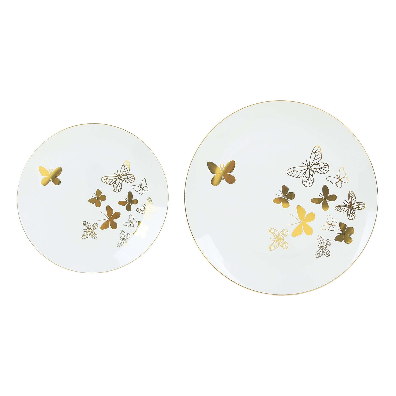 Set of 20 Plastic Round Dinner and Salad Plates in White with Gold Butterfly Design & Gold Rim - Stylish Disposable Dinnerware for Buffets & Catered Events 8", 10"