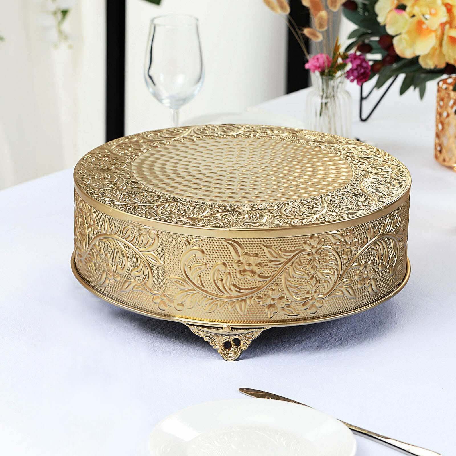 Metal 14" Round Cake Pedestal Stand Matte Gold - Cupcake Dessert Display Riser with Intricate Embossed Design for Upscale Events & Gatherings