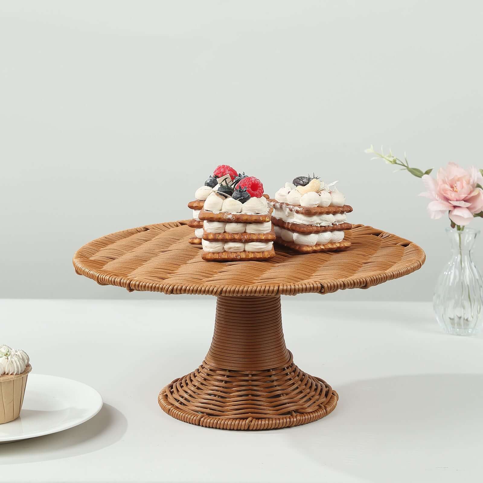 Plastic Round Rattan Wicker Pedestal Cake Stand Natural - Reusable Rustic Cupcake Holder Dessert Table Display Centerpiece for Home Parties & Events 12"