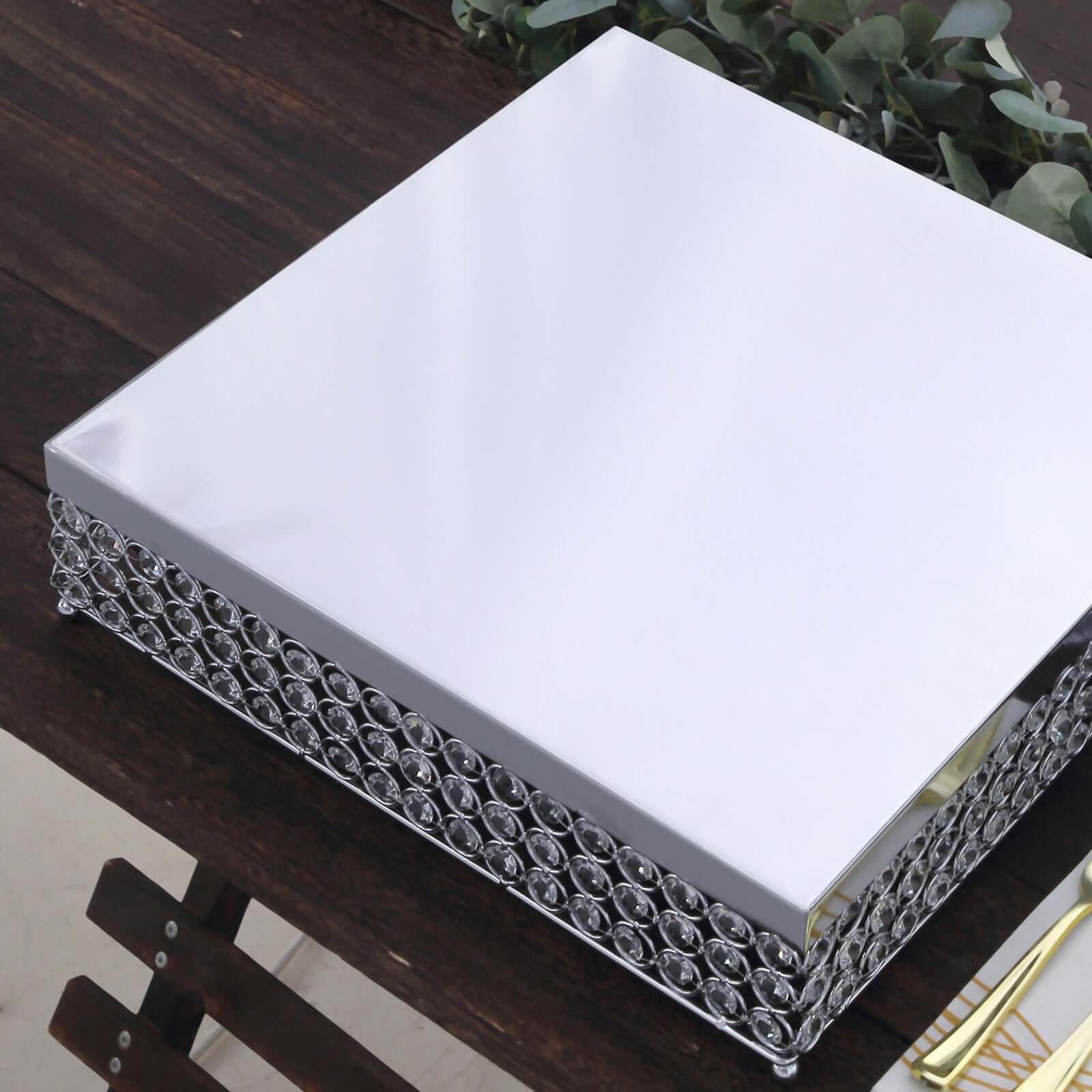 Metal Cake Stand Square Design with Crystal Beads Silver - Dessert Pedestal for Events 16"