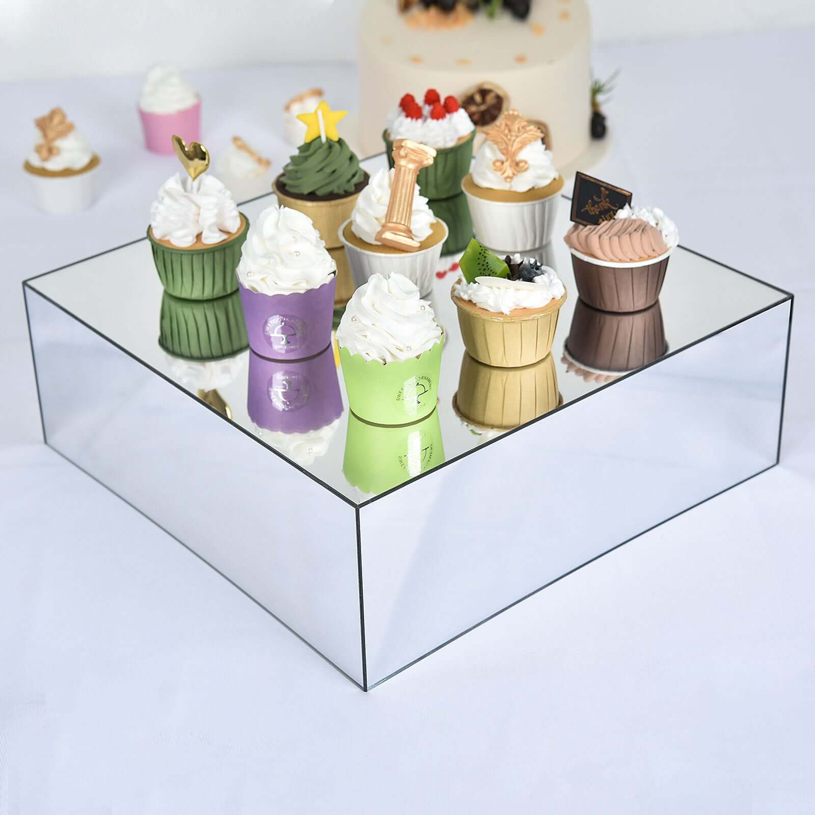 Acrylic Cake Box Stand Pedestal Riser Mirror Finish Silver - Display for Desserts and Events 14"x14"