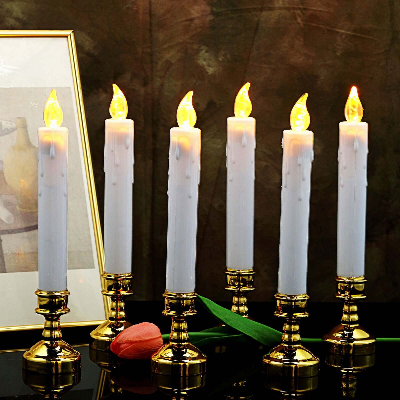 Set of 6 LED Window Candles Flickering White - Battery Operated Taper Candles with Gold Holders 10"