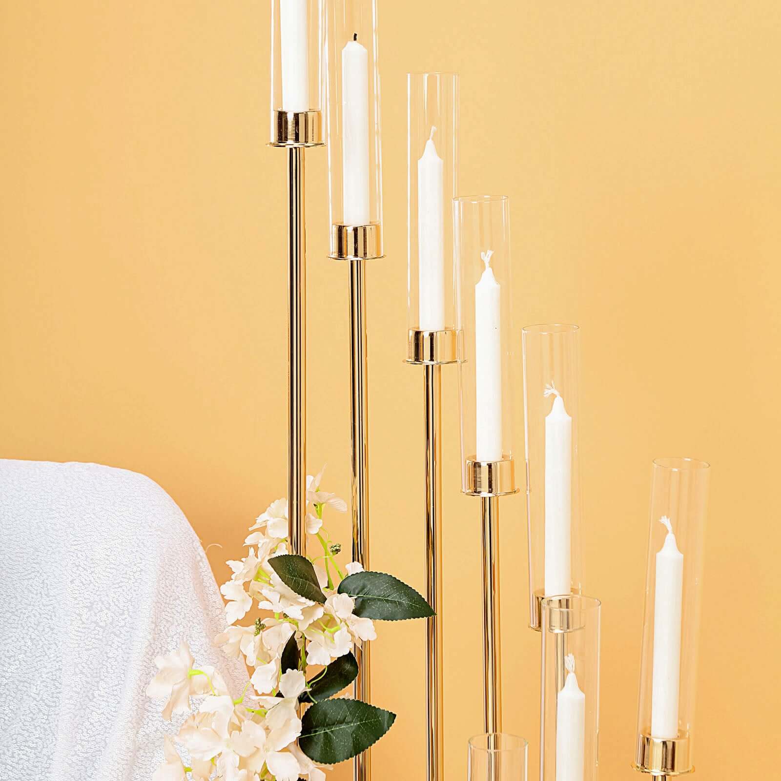 12-Arm Cluster Taper Candle Holder Gold with Clear Glass Shades - Grand Candle Arrangement for Events 57"