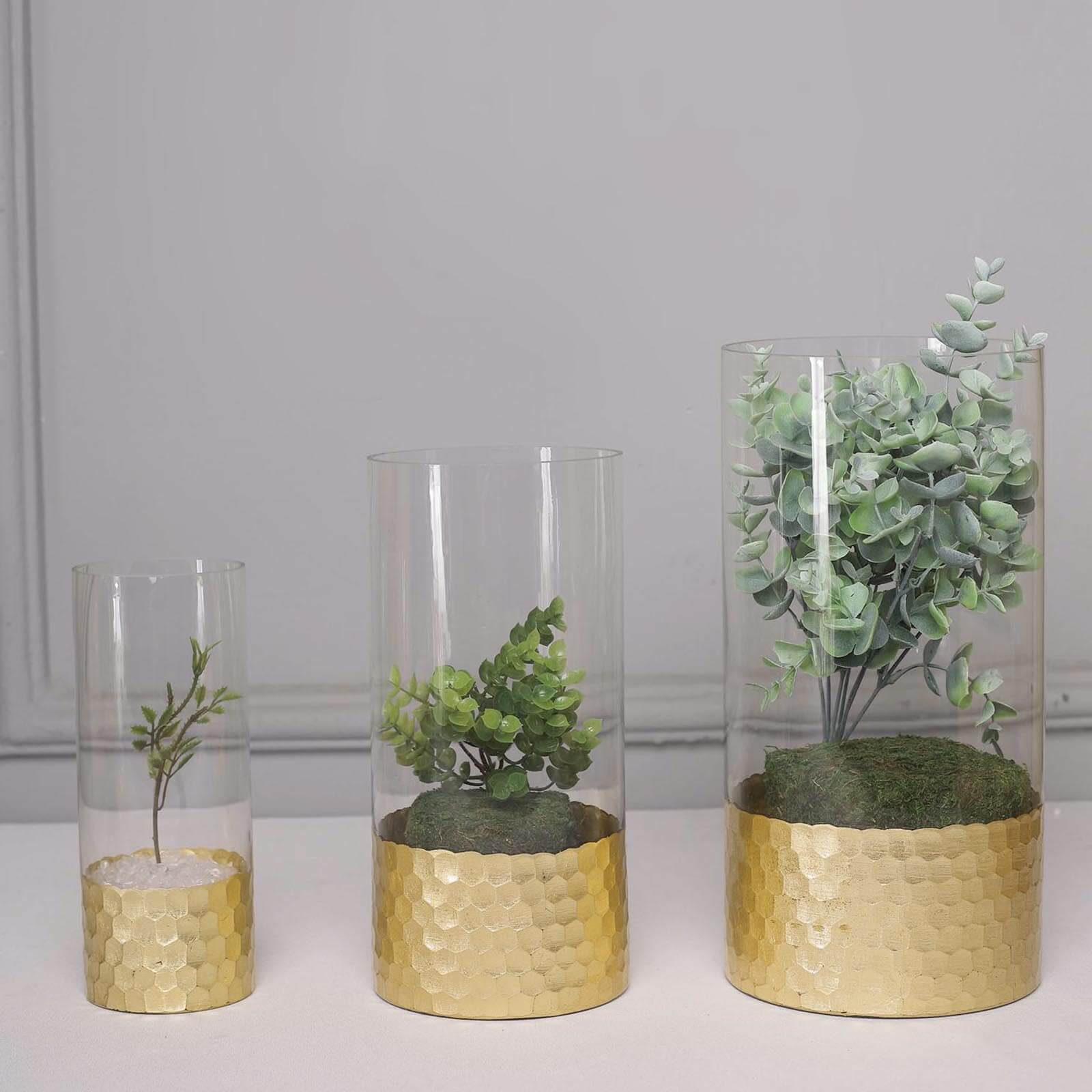 Set of 3 Clear Glass Cylinder Vases with Gold Honeycomb Base, Votive Tealight Candle Holder Set - 8",10",12"