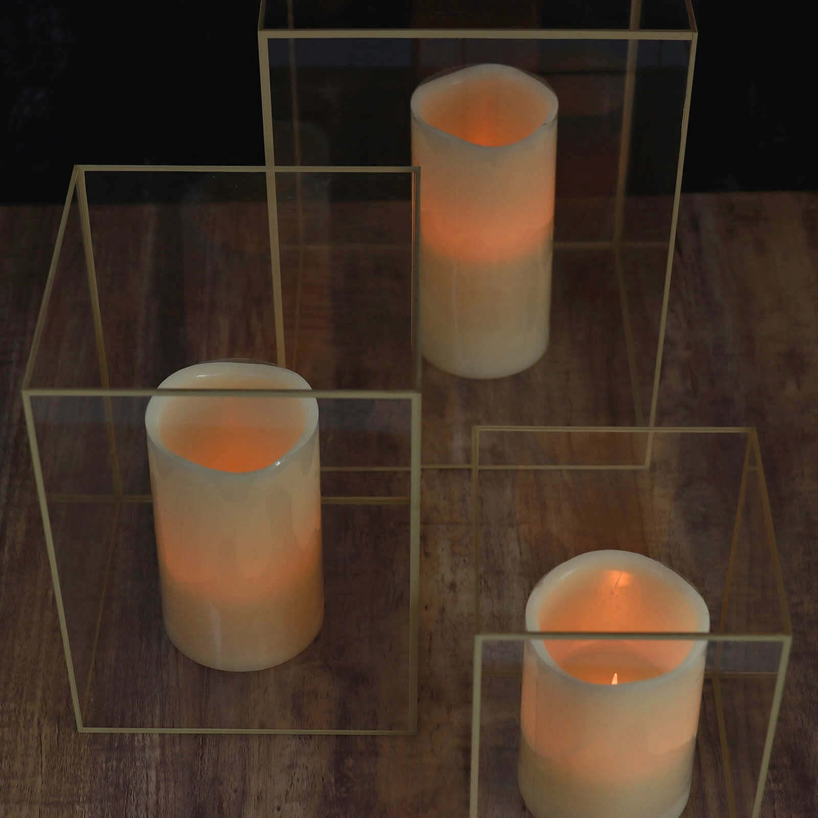 Set of 3 Candle Holders Acrylic Flower Display Boxes with Gold Rims Clear - Decorative Pillar Centerpieces 6", 8", 10"