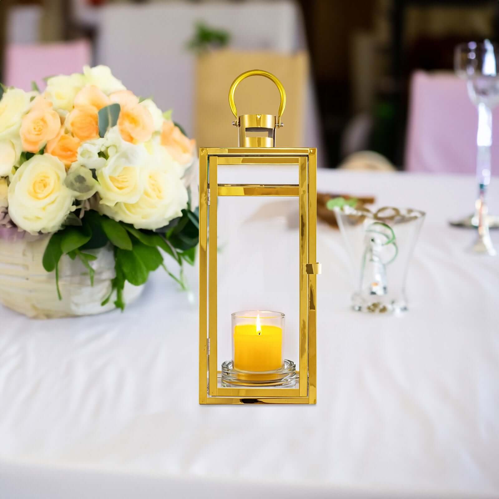 Stainless Steel Candle Lantern Vintage Top Design Gold - Outdoor Metal Patio Lantern Centerpiece 17"