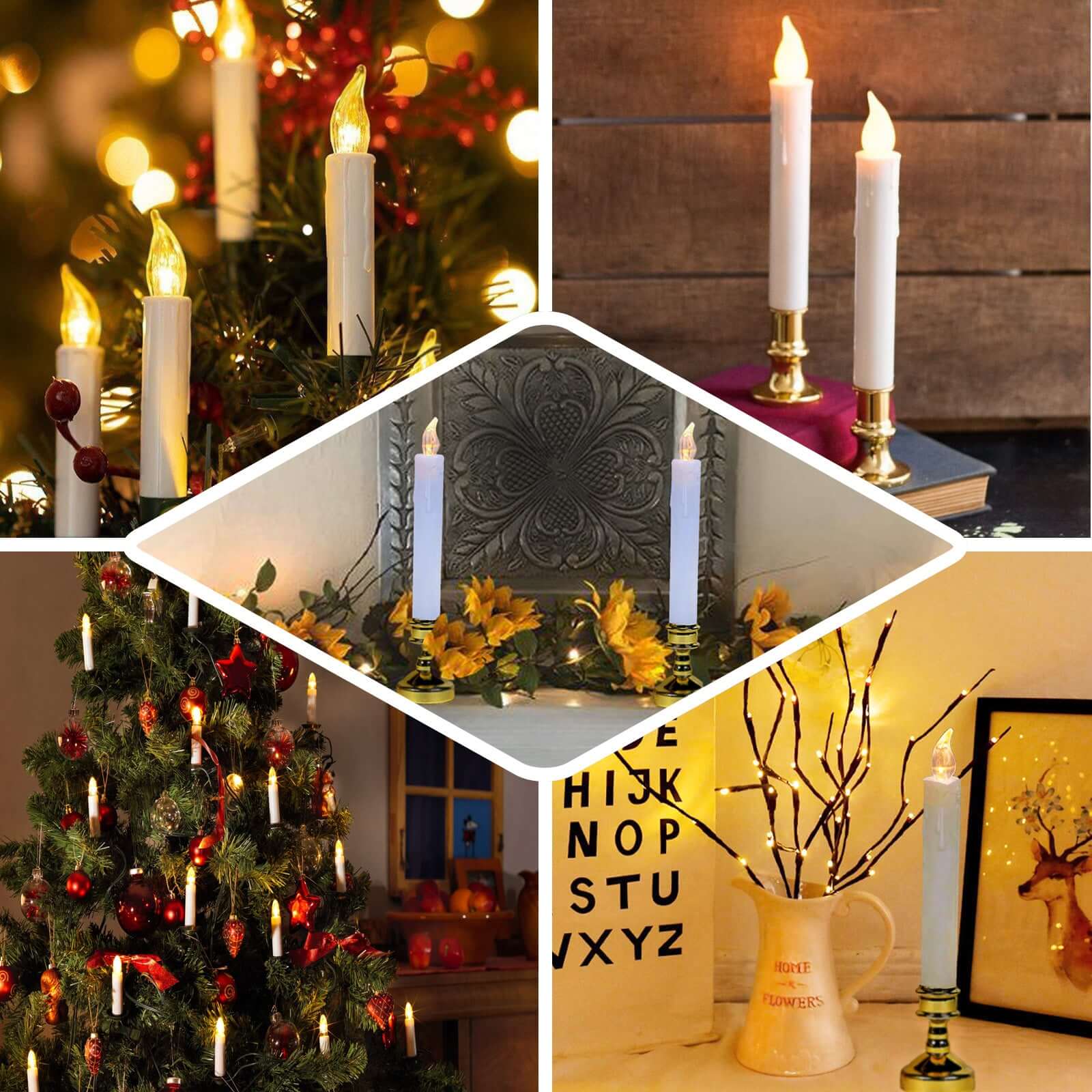 Set of 6 LED Window Candles Flickering White - Battery Operated Taper Candles with Gold Holders 10"