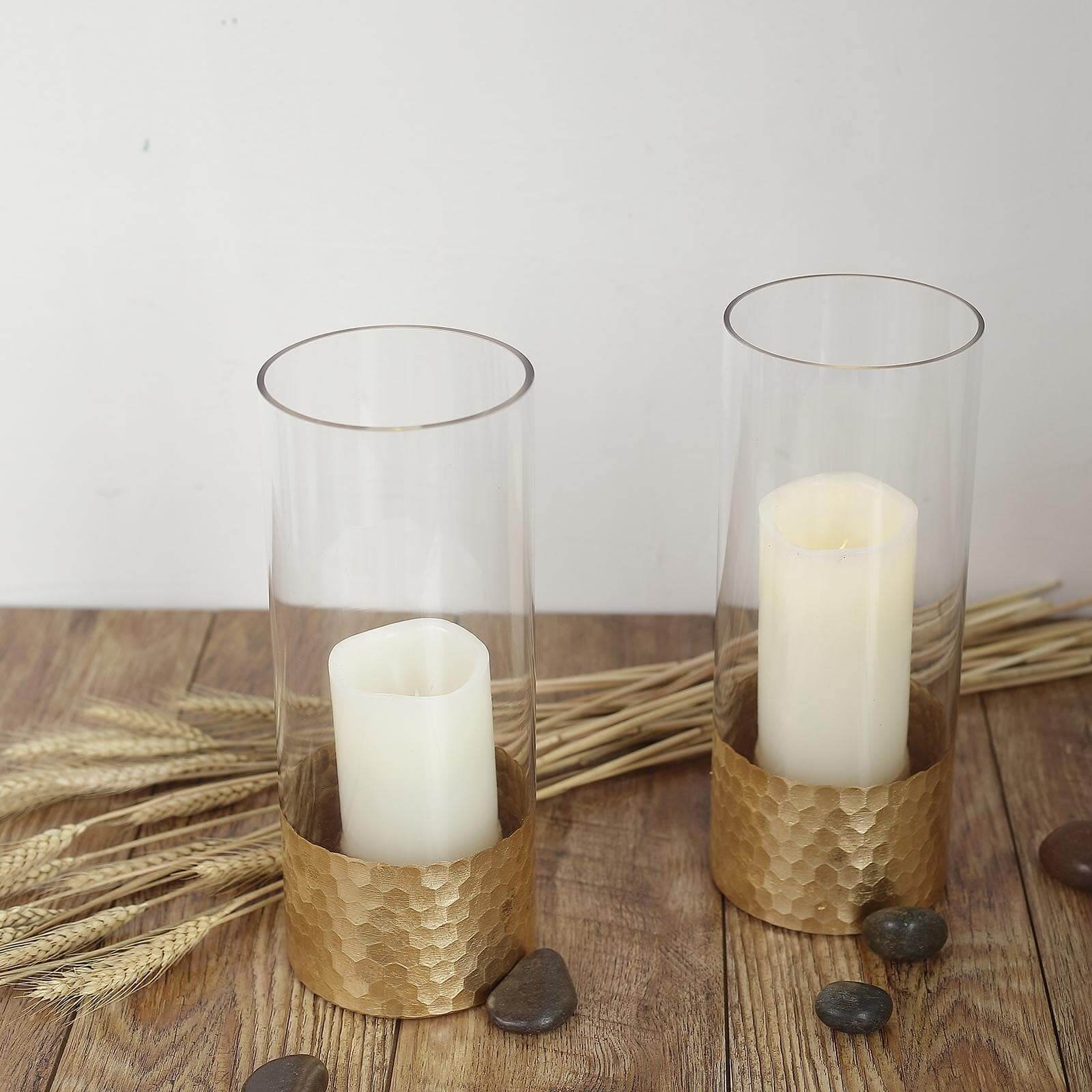 2-Pack Glass Cylinder Vases Honeycomb Design Clear with Gold Base - Decorative Candle Holder Centerpieces 12"