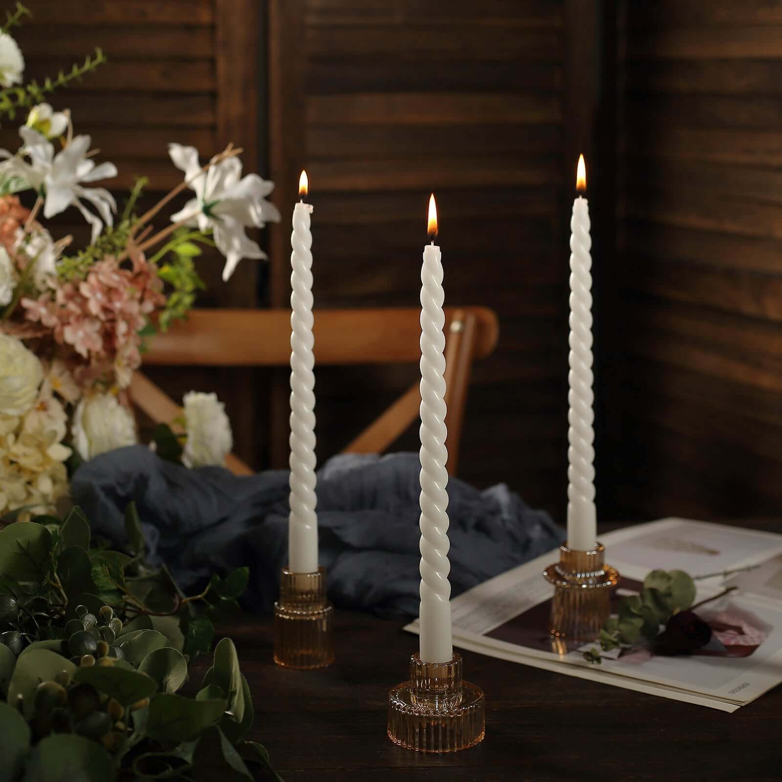 12-Pack Taper Candles Spiral Long Burn Wick Design White - Premium Unscented Wax Dinner Candle Sticks 11"