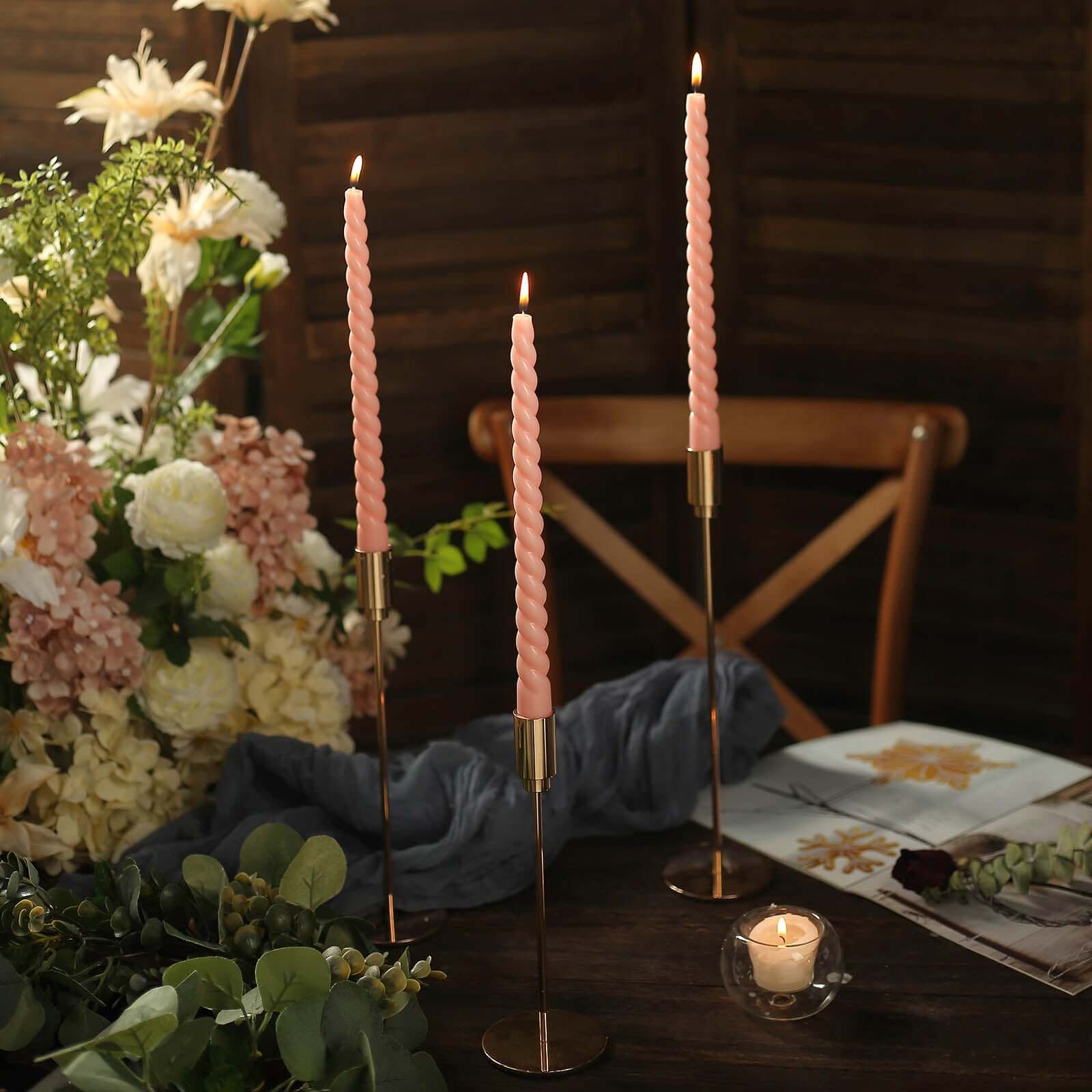 12-Pack Taper Candles Spiral Long Burn Wick Design Blush - Premium Unscented Wax Dinner Candle Sticks 11"