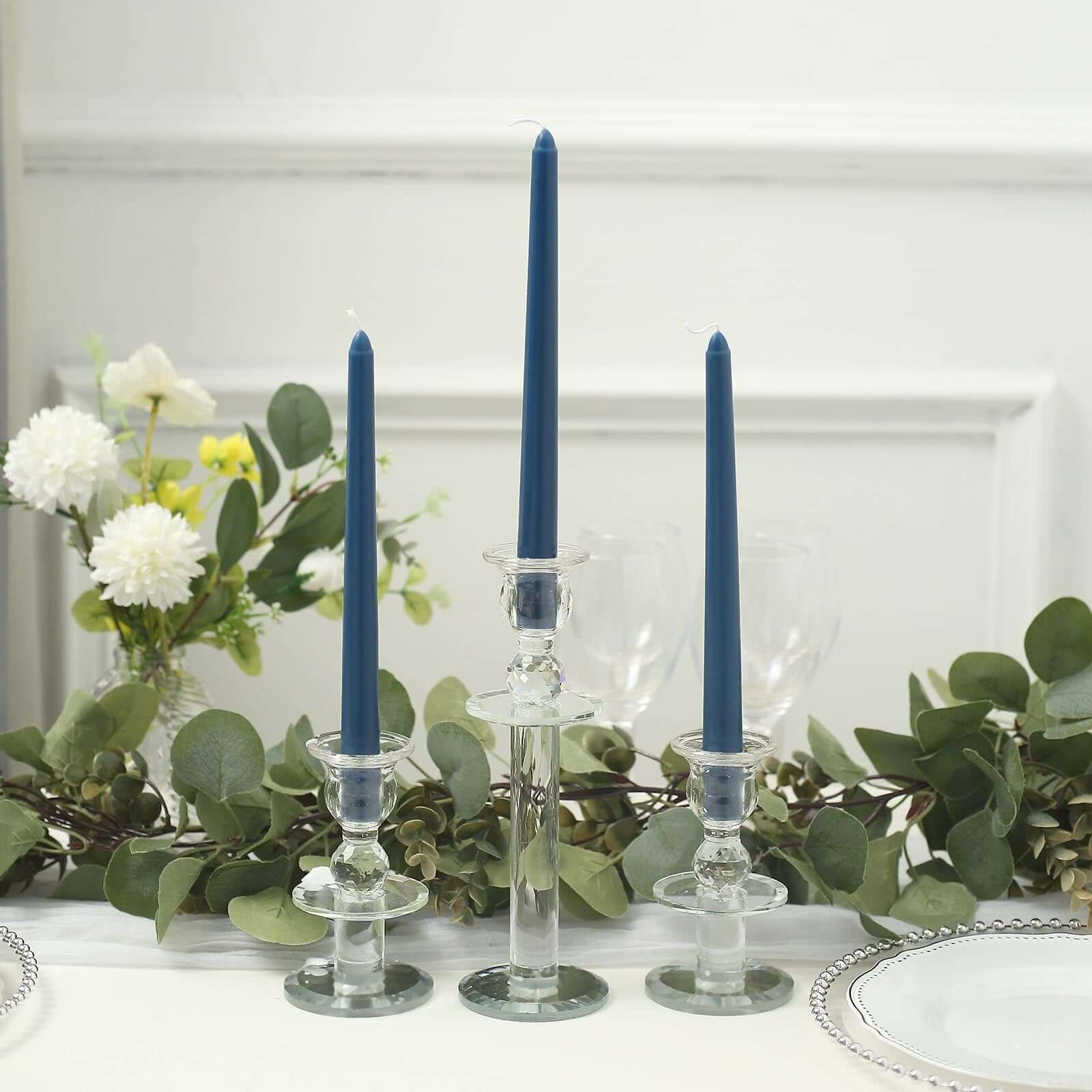 12-Pack Taper Candles Premium Wax Design Navy Blue - Unscented Candles for Upscale Settings 10"