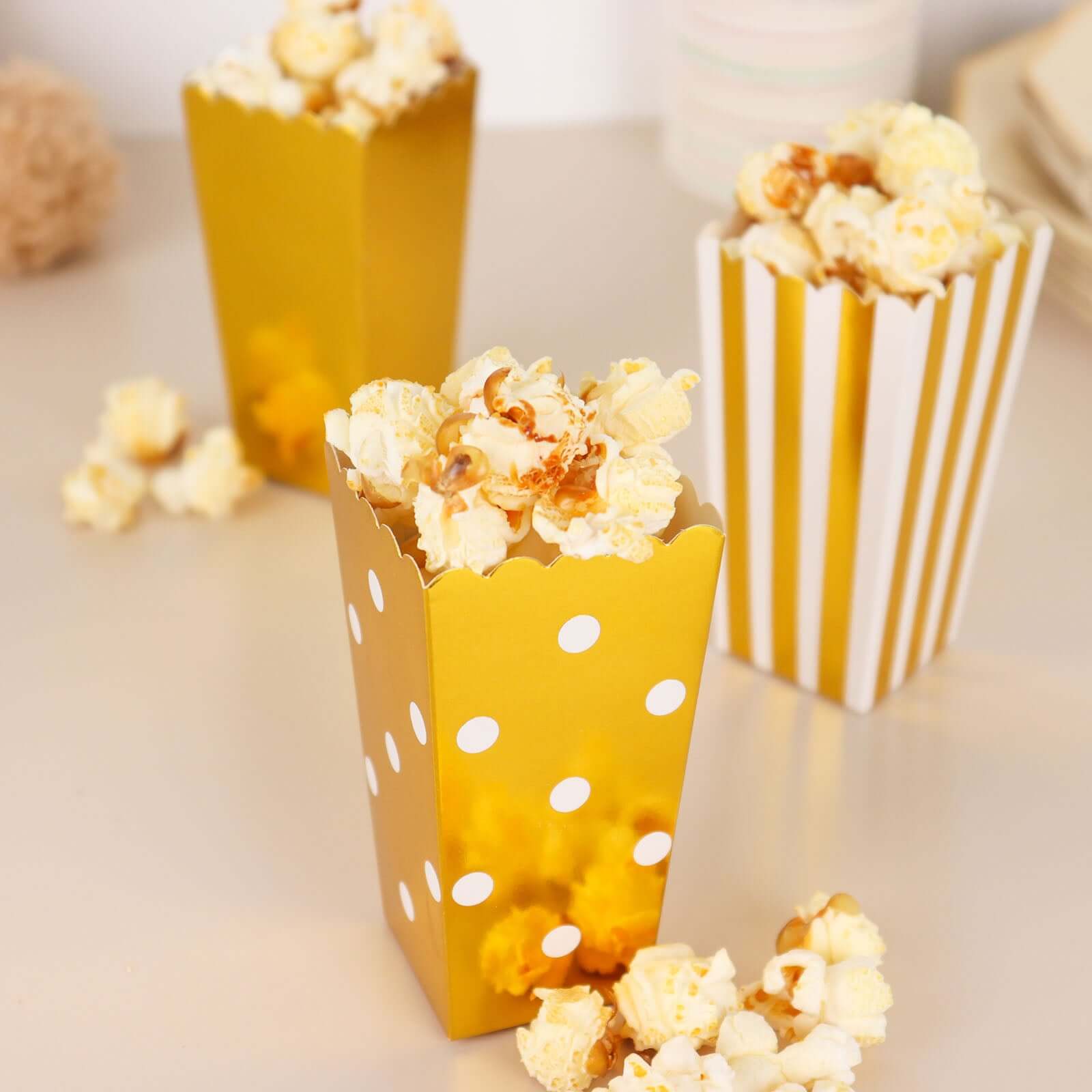 36 Pack 4" White Gold Design Mini Paper Popcorn Boxes, Candy Favor Disposable Bags - Stripe, Polka Dot, Solid Style