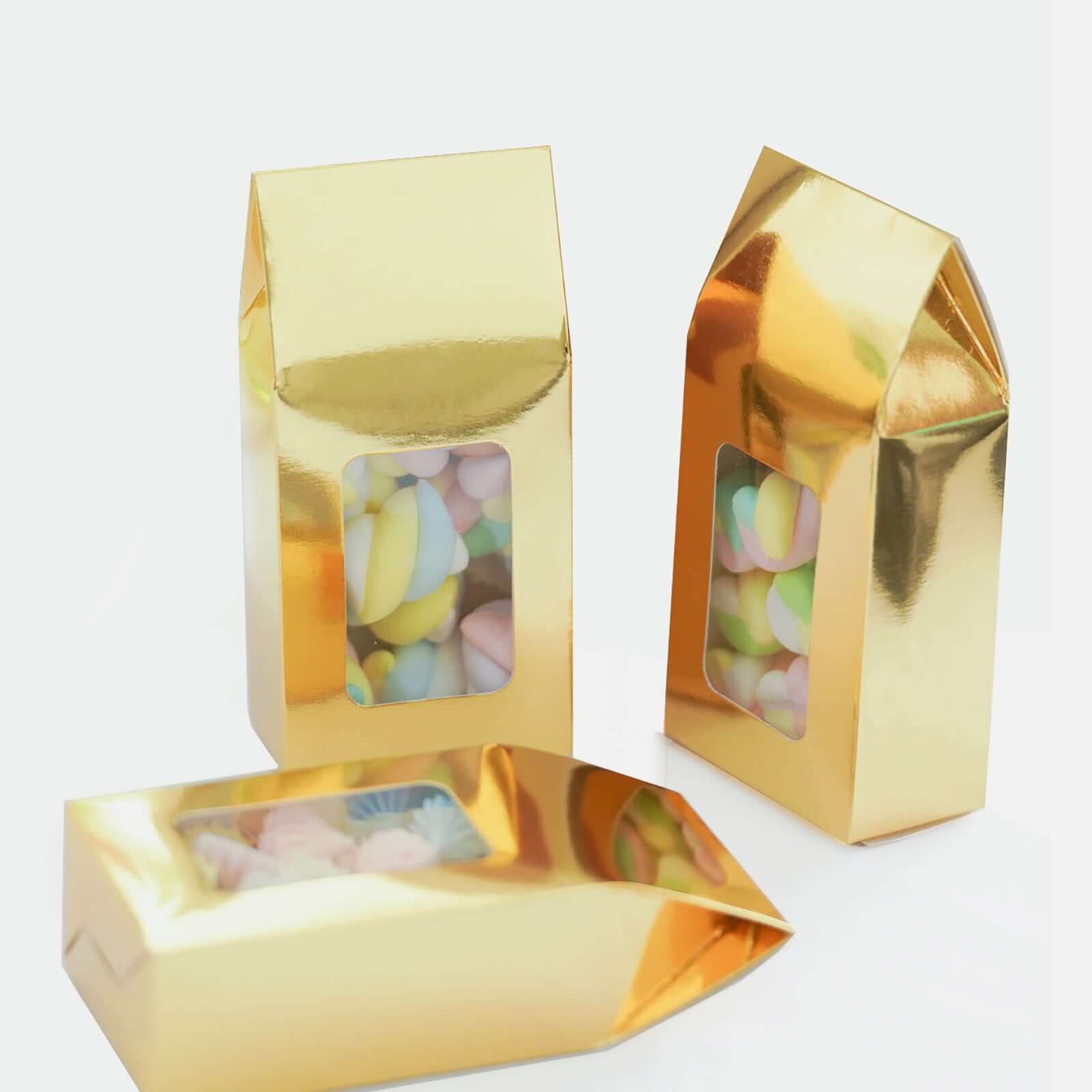 25 Pack Gold Tote With Window Party Favor Candy Gift Boxes 2.75" X 1.5" X 6"