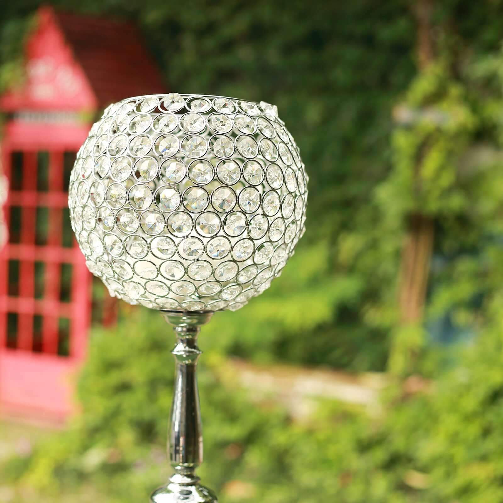 Acrylic Crystal Beaded Goblet Candle Holder Silver - Exquisite Flower Ball Centerpiece Stand for High-End Event Styling 30"