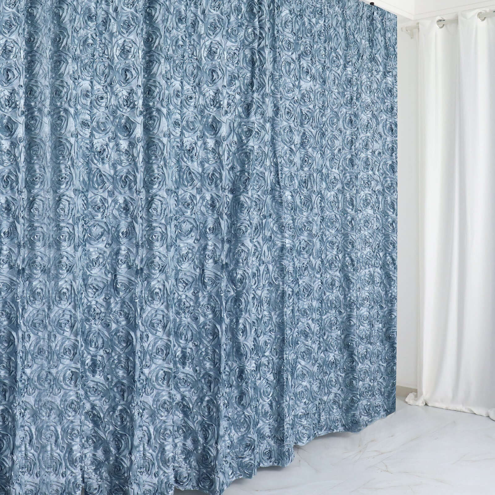 8ftx8ft Dusty Blue Satin Rosette Event Curtain Drapes, Backdrop Event Panel