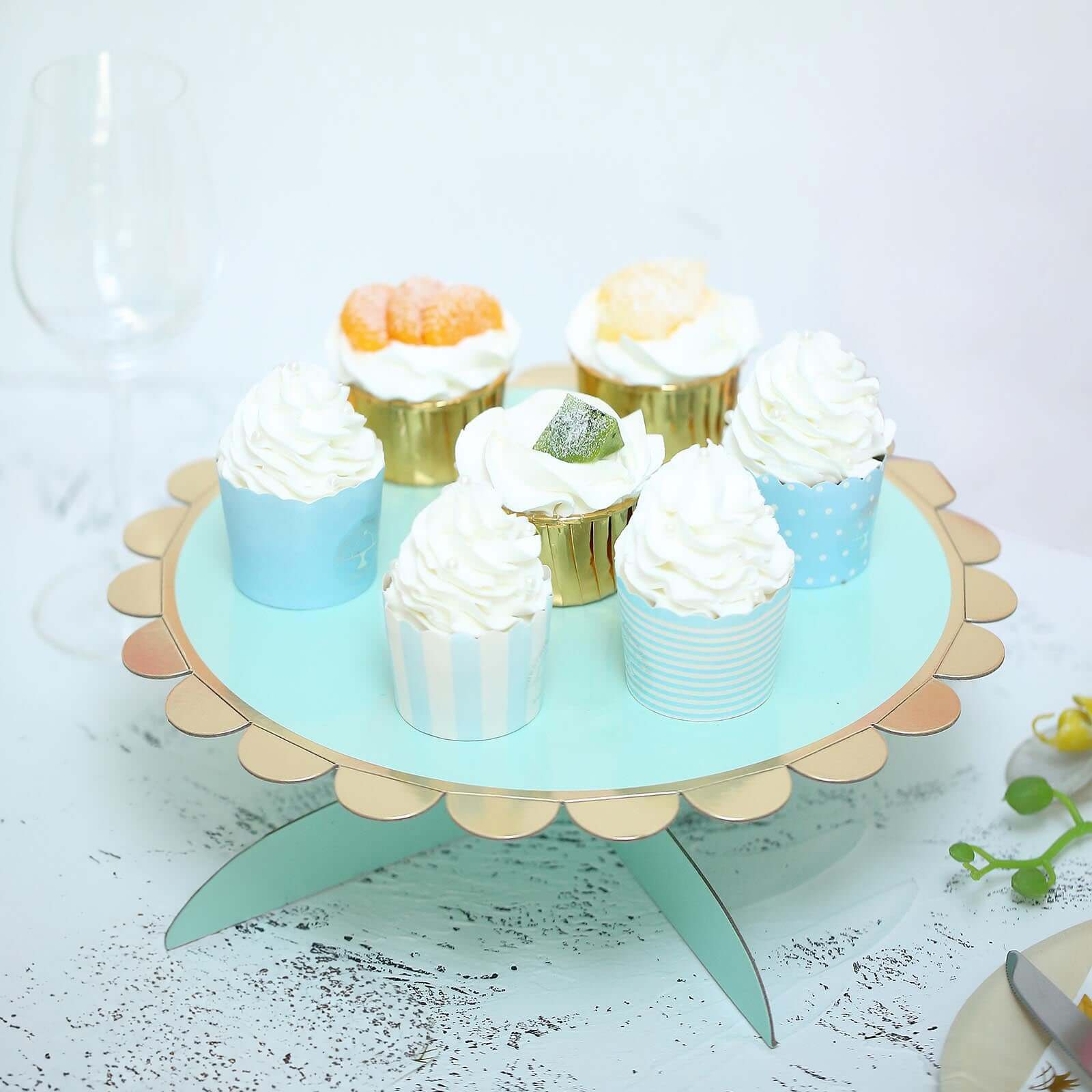 1-Tier Cardboard Cake Stand Mint - Stylish Reusable Cupcake Dessert Holder with Gold Scalloped Rim for Baby Showers Birthdays & Events 13"