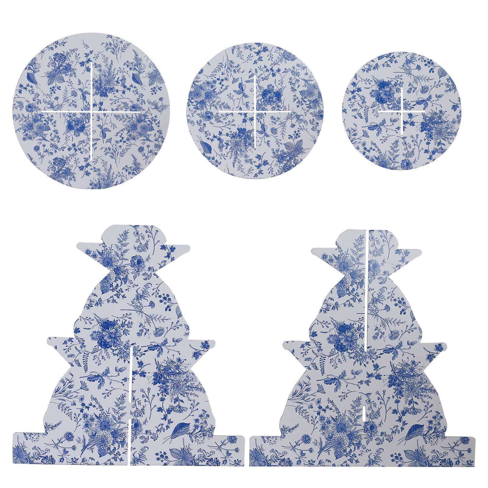3-Tier Cardboard Cupcake Stand White with Blue French Toile Pattern - Reusable Dessert Display Stand Round Serving Platter for High-Tea Gatherings Weddings & Spring Celebrations 11"