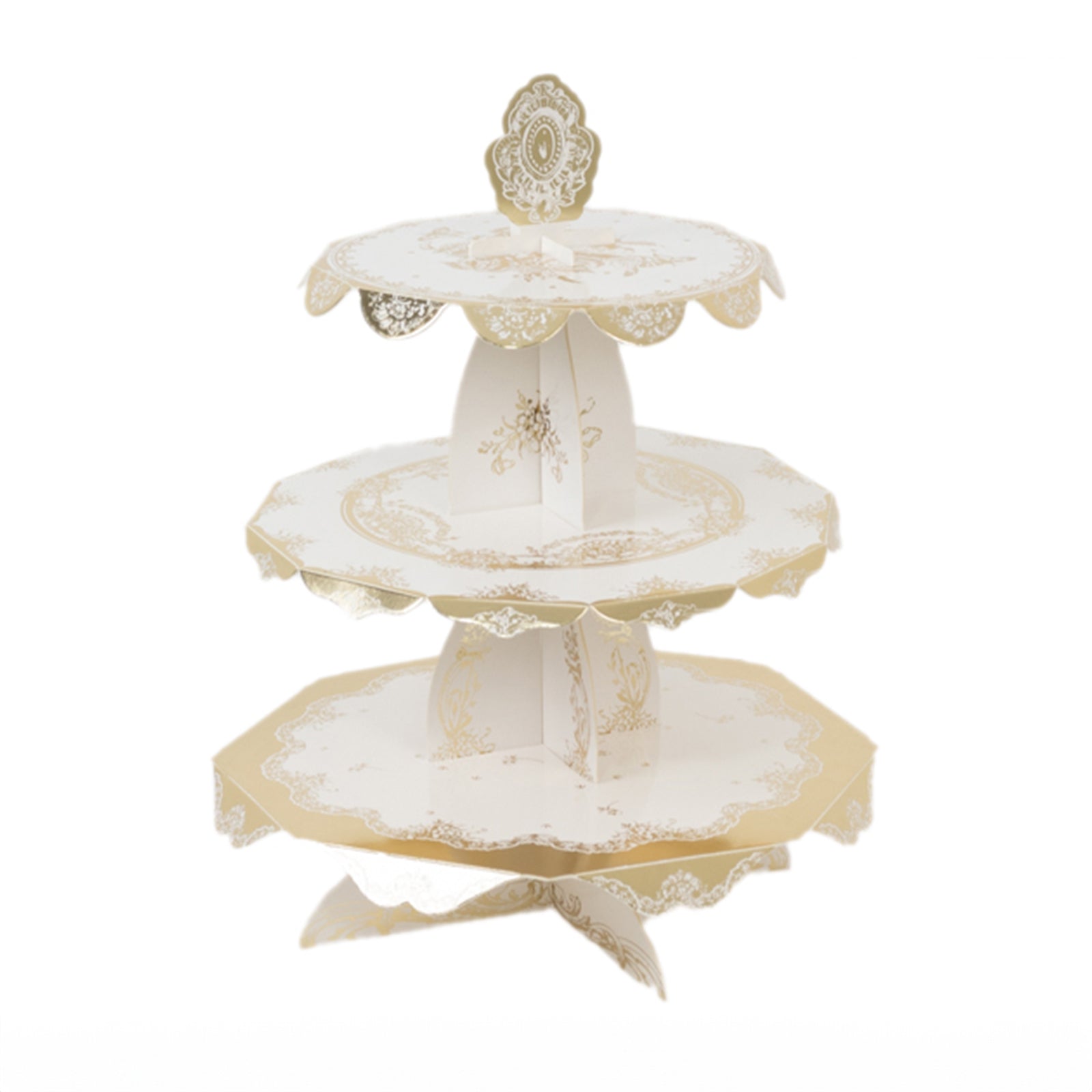 2-Pack 3-Tier Cupcake Display Stands with Vintage Floral Pattern, White Gold Round Cardboard Dessert Towers - 15"