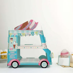 3-Tier Cardboard Cupcake Dessert Stand Tower with Ice Cream Truck Double Decker Design - Fun Disposable Treat Display for Kids' Parties & Snack Stations 16"
