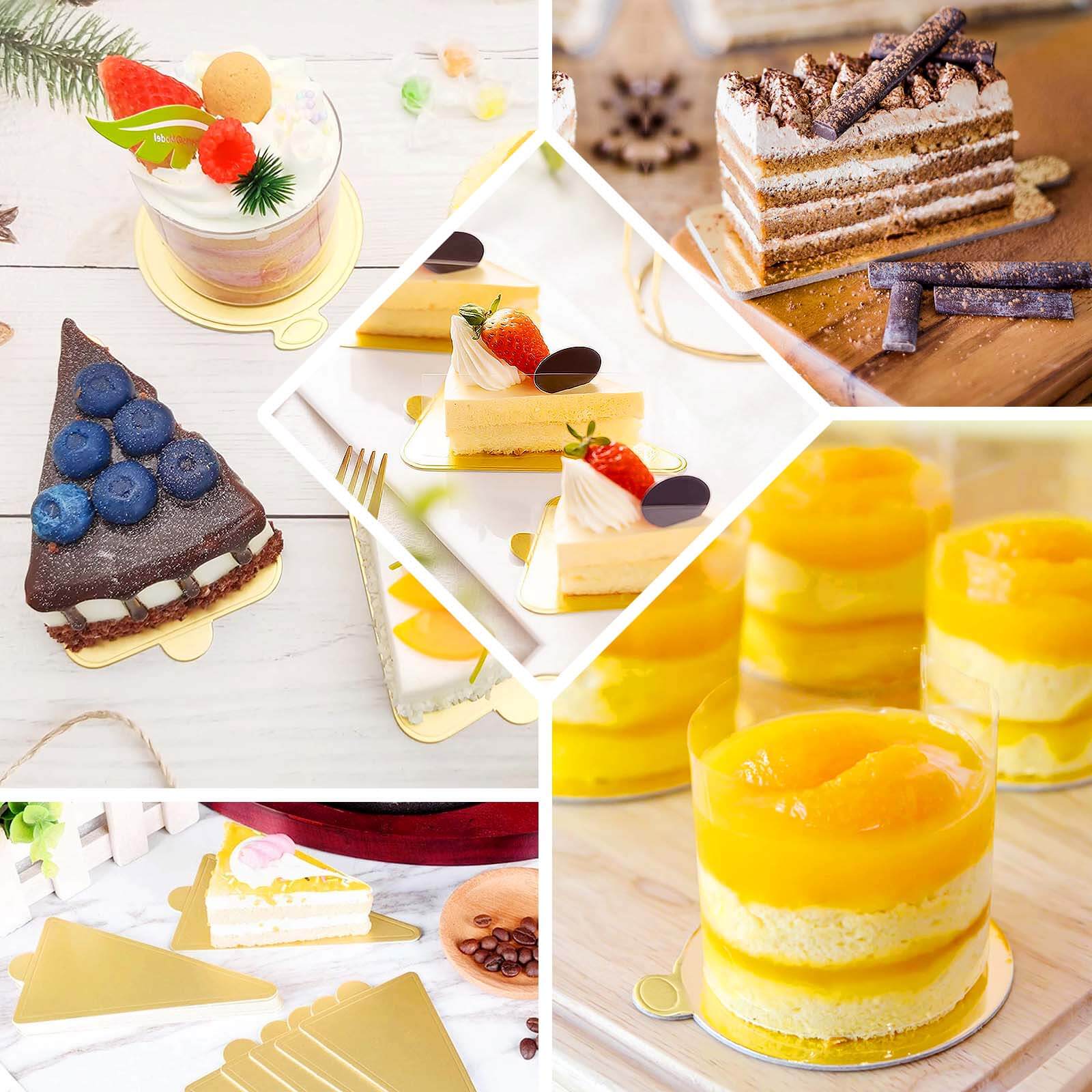 50-Pack Triangle Cake Boards in Gold Cardboard - Grease Proof Mini Paper Trays for Pastries Cupcakes & Dessert Slices 2.8"x 4.5"