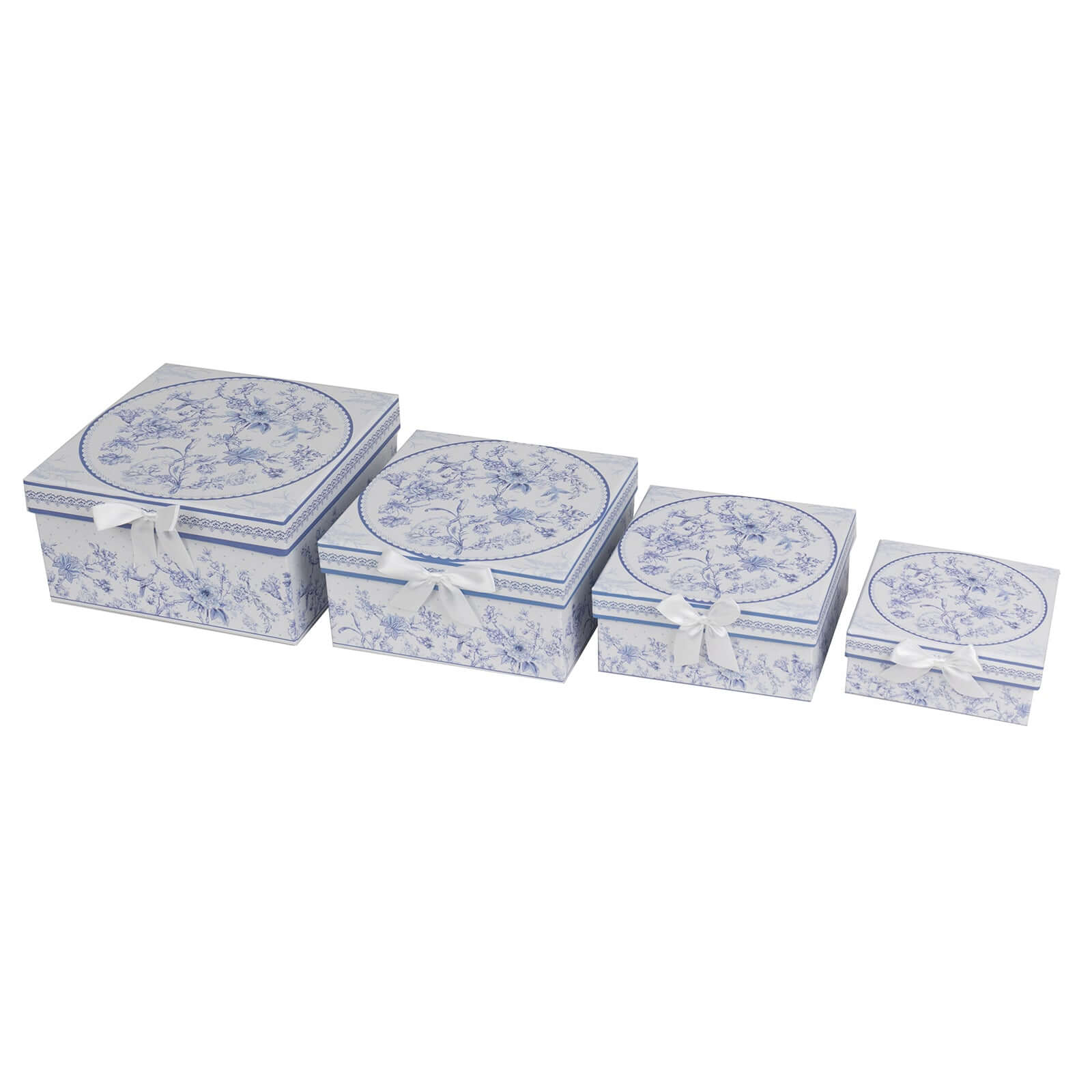 Set of 4 Cardstock Round Nesting Gift Boxes White Blue French Toile Design - Decorative Heavy Duty Stackable Keepsake Boxes With Lids for Presents Storage & Pedestal Stand 5",7",8",9"