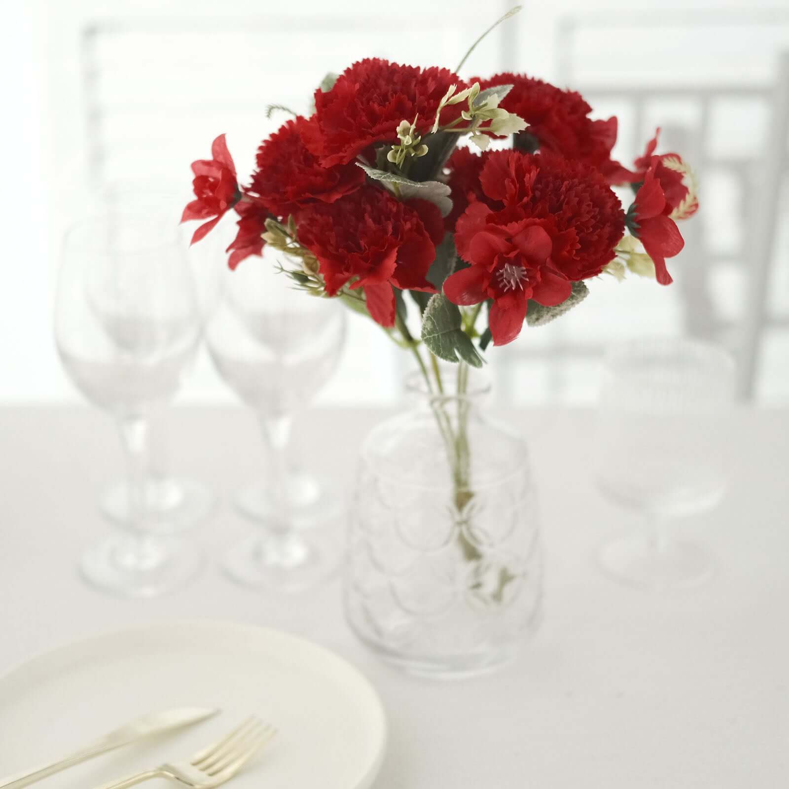 3 Pack 14" Red Artificial Silk Carnation Flower Arrangements, Faux Floral Bouquets Bushes