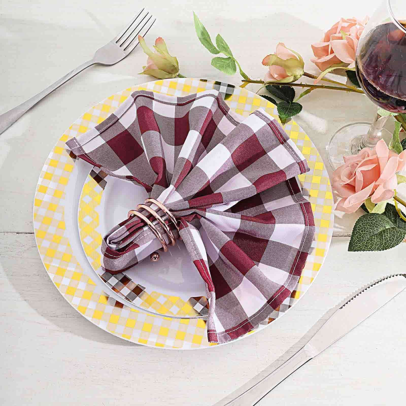 5 Pack Polyester 15"x15" Napkins Burgundy/White Buffalo Plaid Gingham Style Cloth Napkins