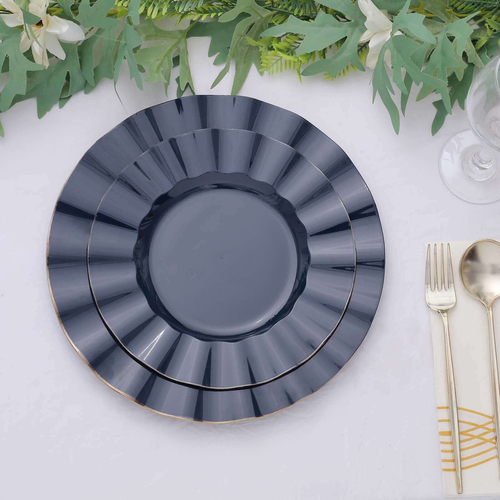 10-Pack Plastic 11" Round Dinner Plates in Navy Blue Ruffled Rim with Gold Edging - Sturdy Disposable Dinnerware