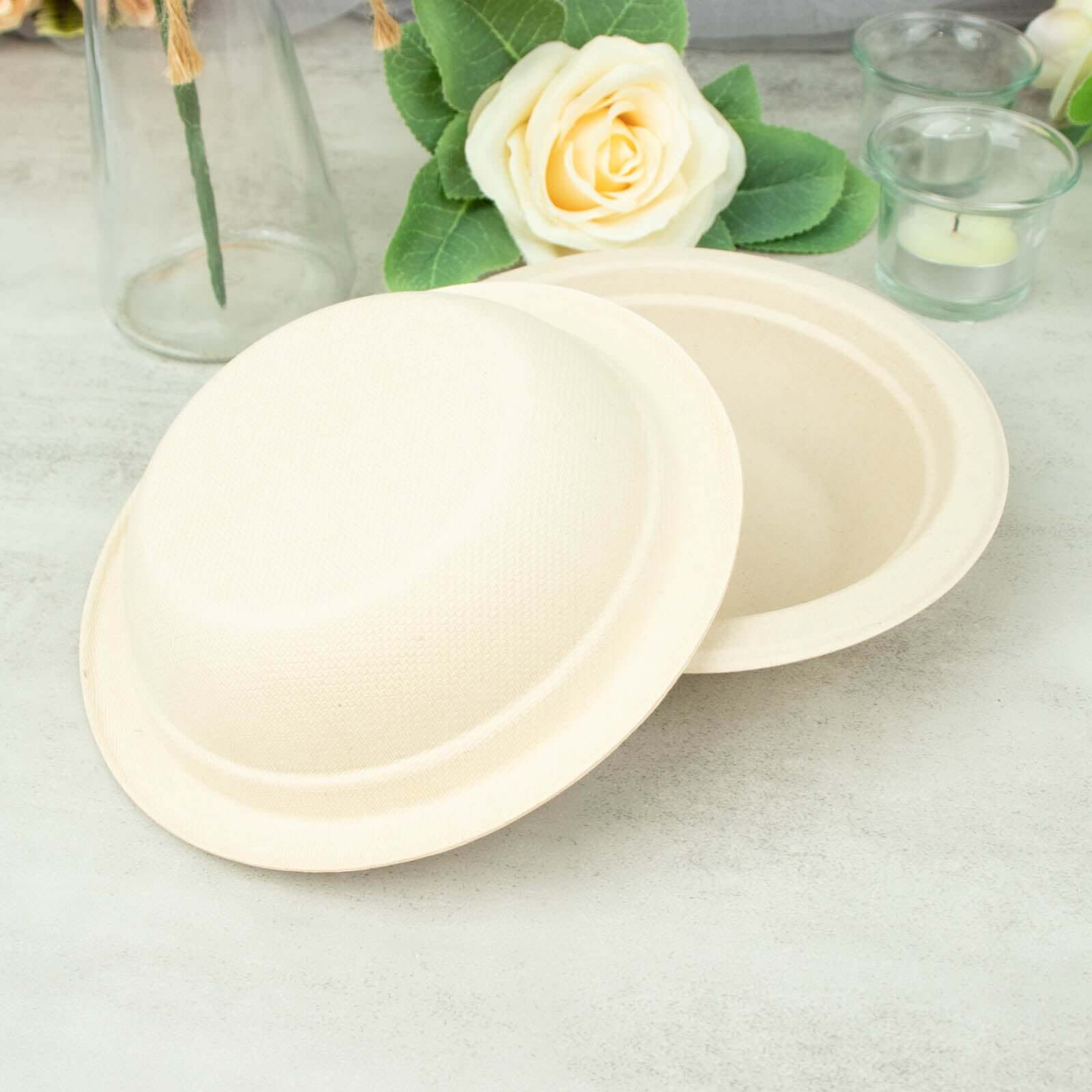 50-Pack Bagasse Soup Bowls - Natural Eco Friendly Biodegradable Sugarcane Dessert Bowls for Picnics Parties & Events 12oz