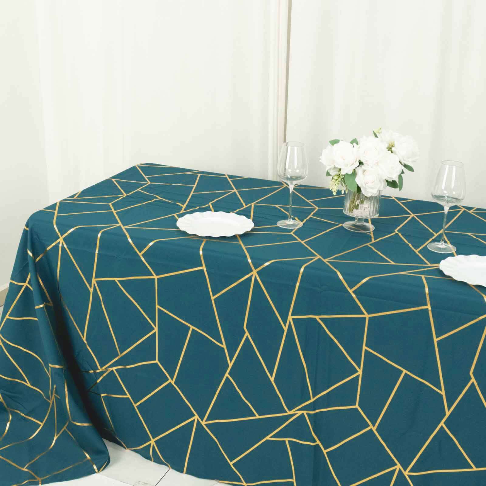 90"x132" Peacock Teal Seamless Rectangle Polyester Tablecloth With Gold Foil Geometric Pattern for 6 Foot Table With Floor-Length Drop