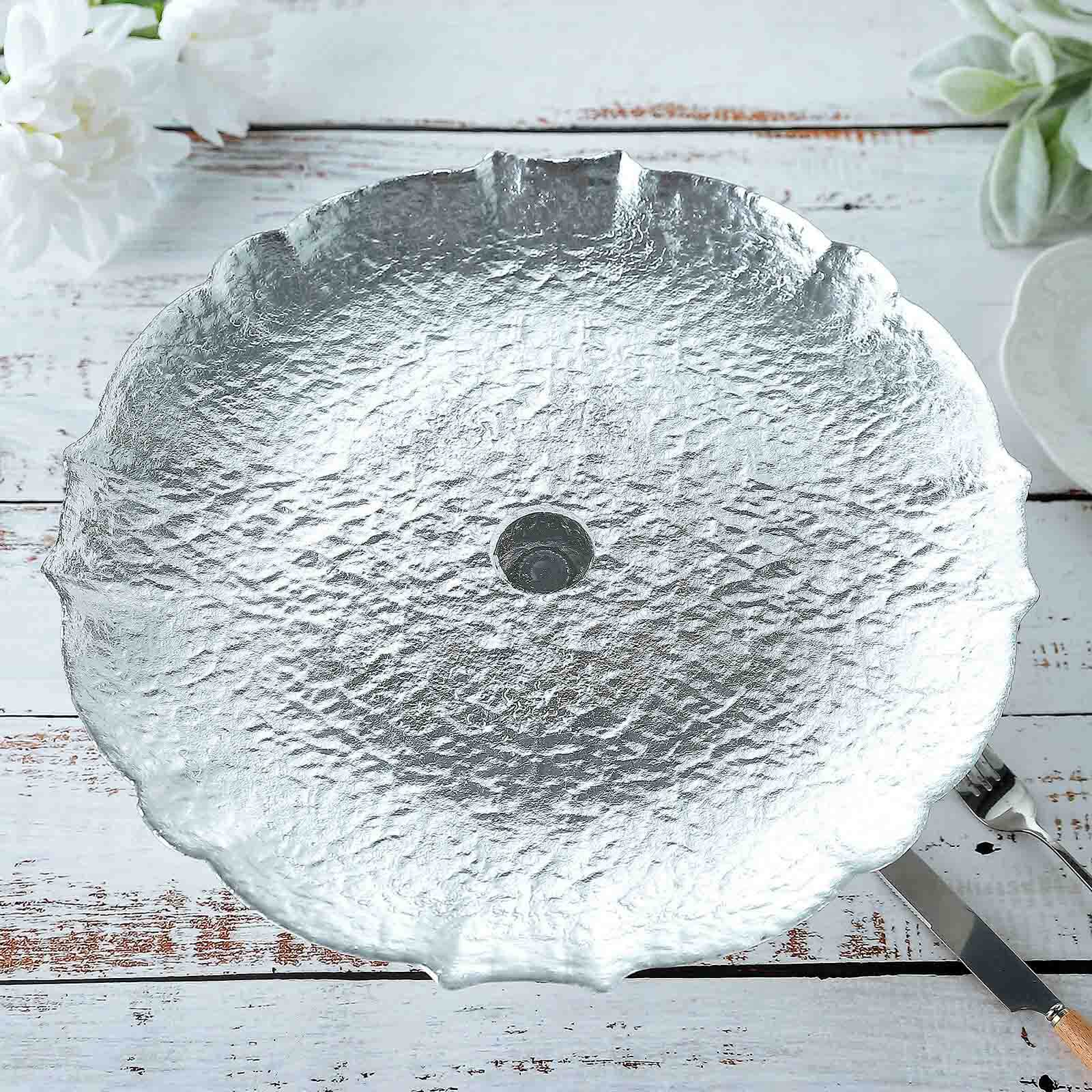 Glass Pedestal Cake Stand Scalloped Edge Design Silver - Cupcake Holder and Dessert Display Plate 14"