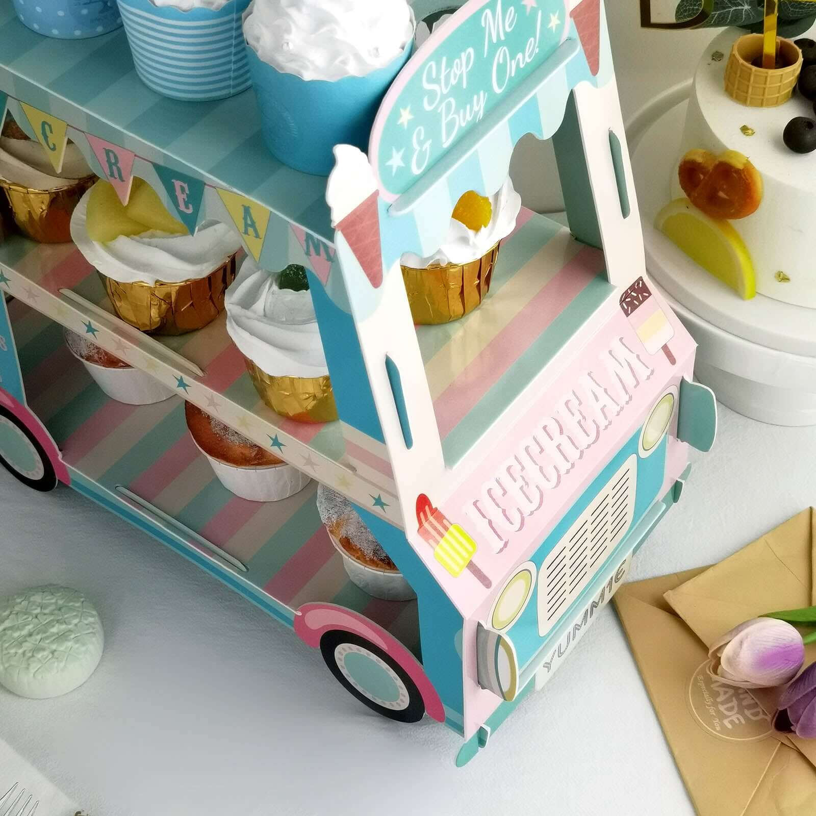 3-Tier Cardboard Cupcake Dessert Stand Tower with Ice Cream Truck Double Decker Design - Fun Disposable Treat Display for Kids' Parties & Snack Stations 16"