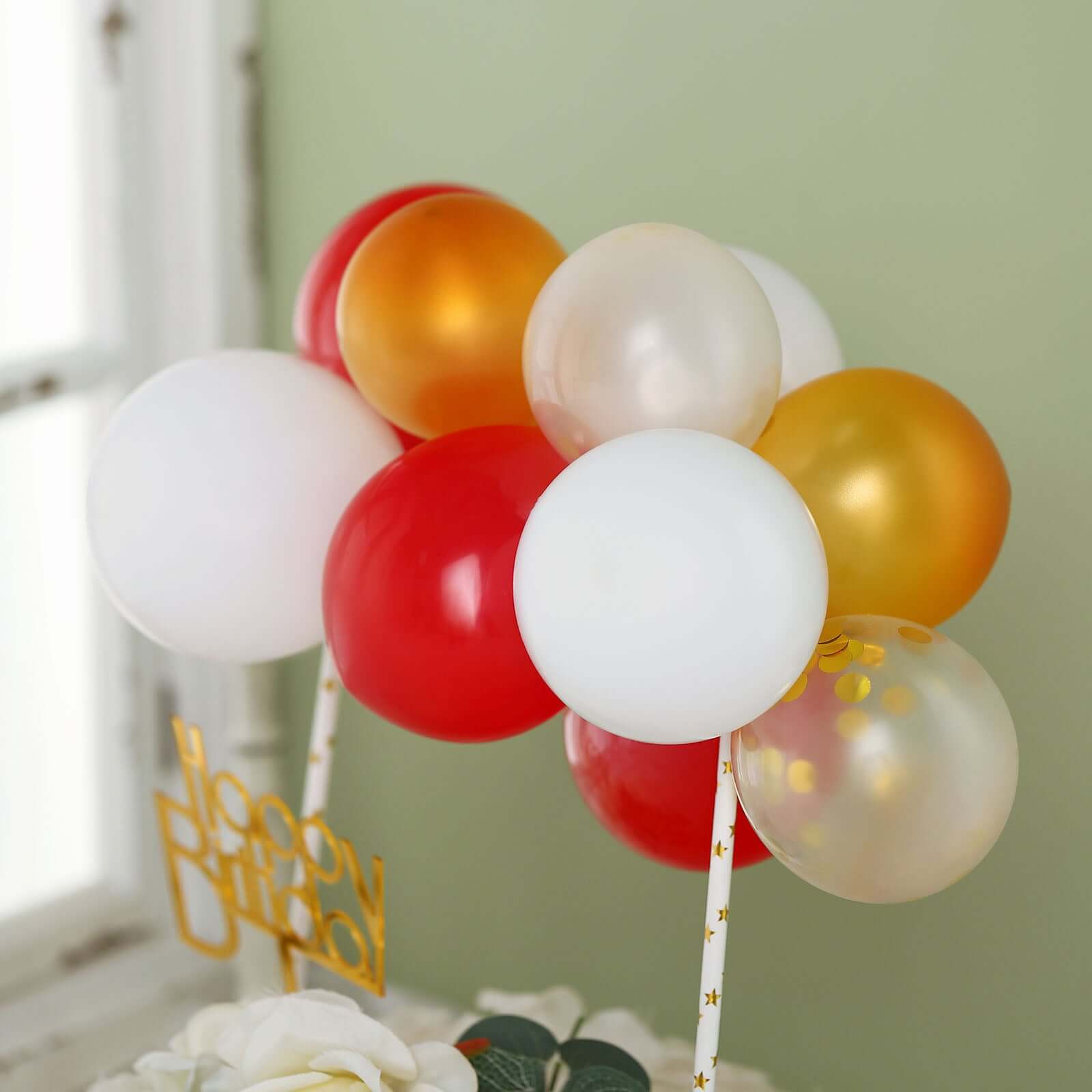 11 Pcs Balloon Cake Topper Clear, Gold, Red and White - Whimsical Clustered Mini Garland Cake Inserts DIY Party Decorations