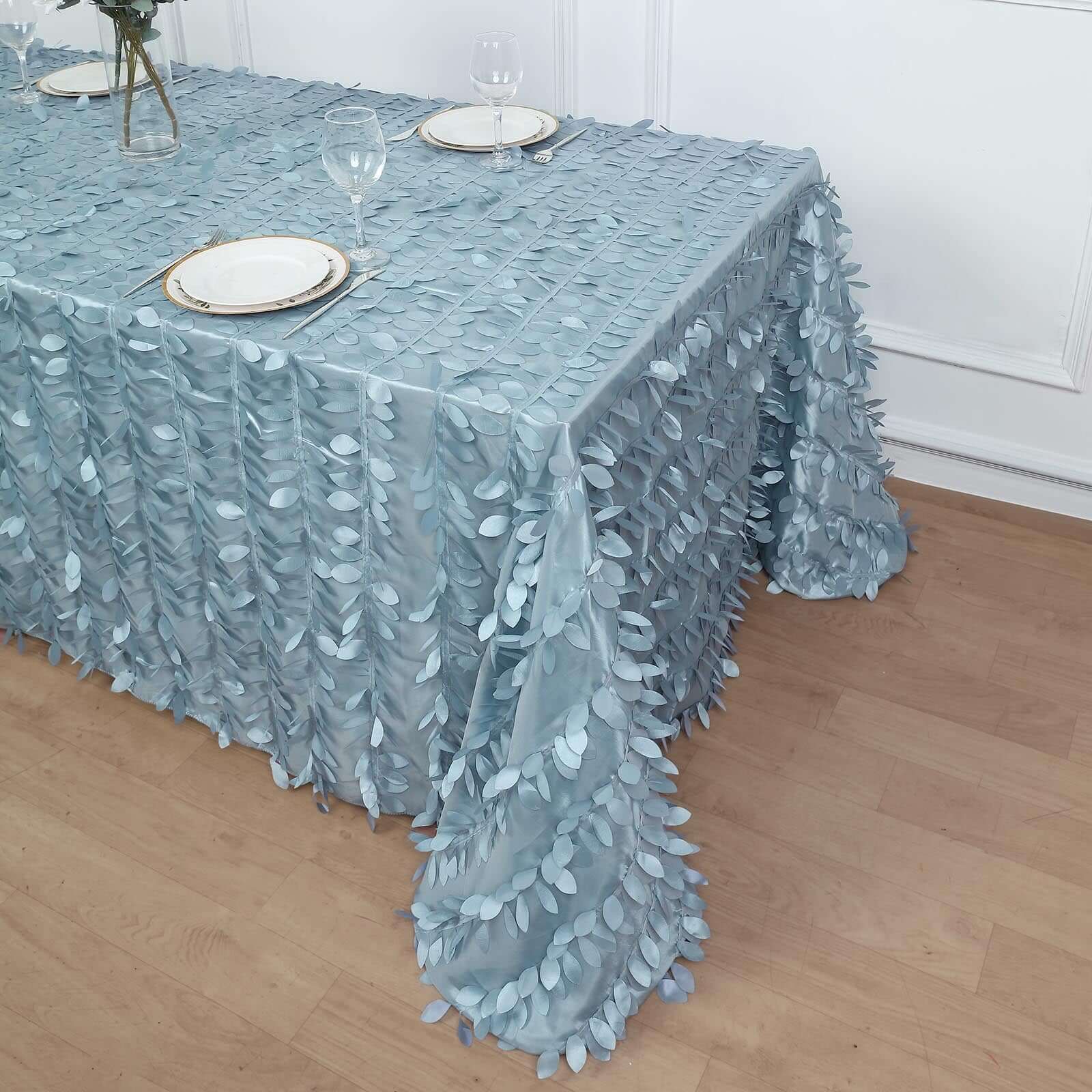 Taffeta 90"x132" Rectangle Tablecloth Dusty Blue | 3D Leaf Petal Design Seamless Table Cover