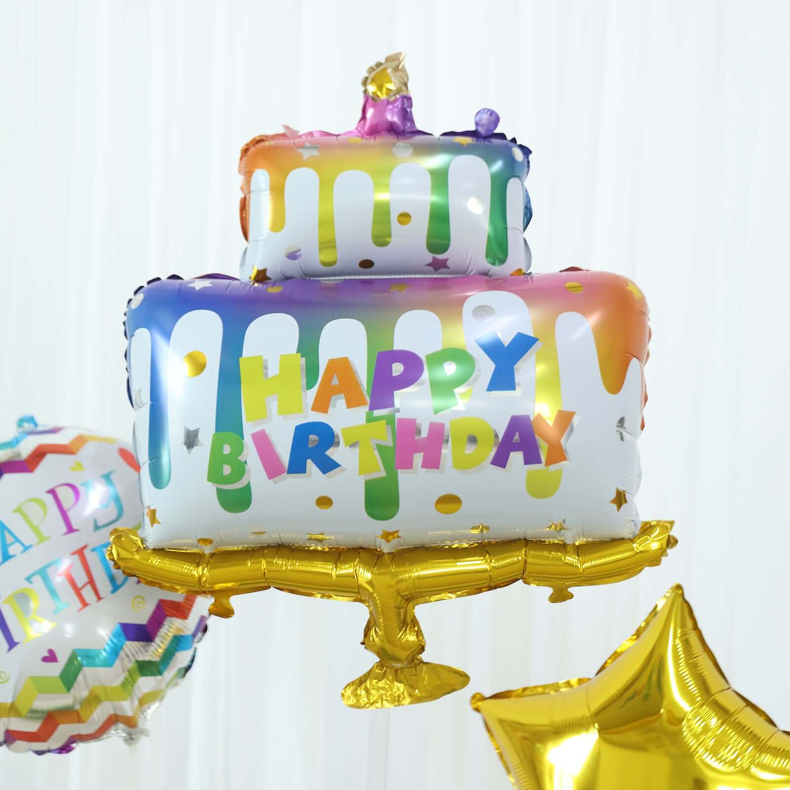 Set of 5 Colorful Happy Birthday Cake Mylar Foil Balloon Set, Round and Gold Star Balloon Bouquet With Ribbon, Birthday Party Decorations