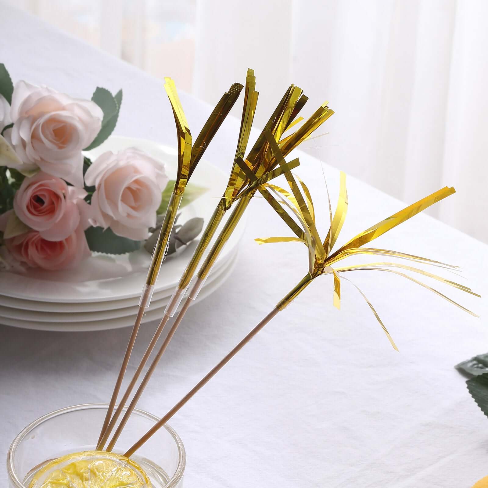 100-Pack Bamboo Cocktail Sticks Firework Cupcake Toppers Gold - Festive Foil Frills Food Picks 9"