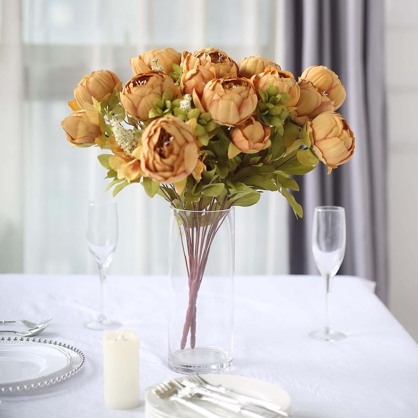 2 Pack 19" Gold Artificial Peony Flower Wedding Bouquets, Faux Silk Flower Arrangements