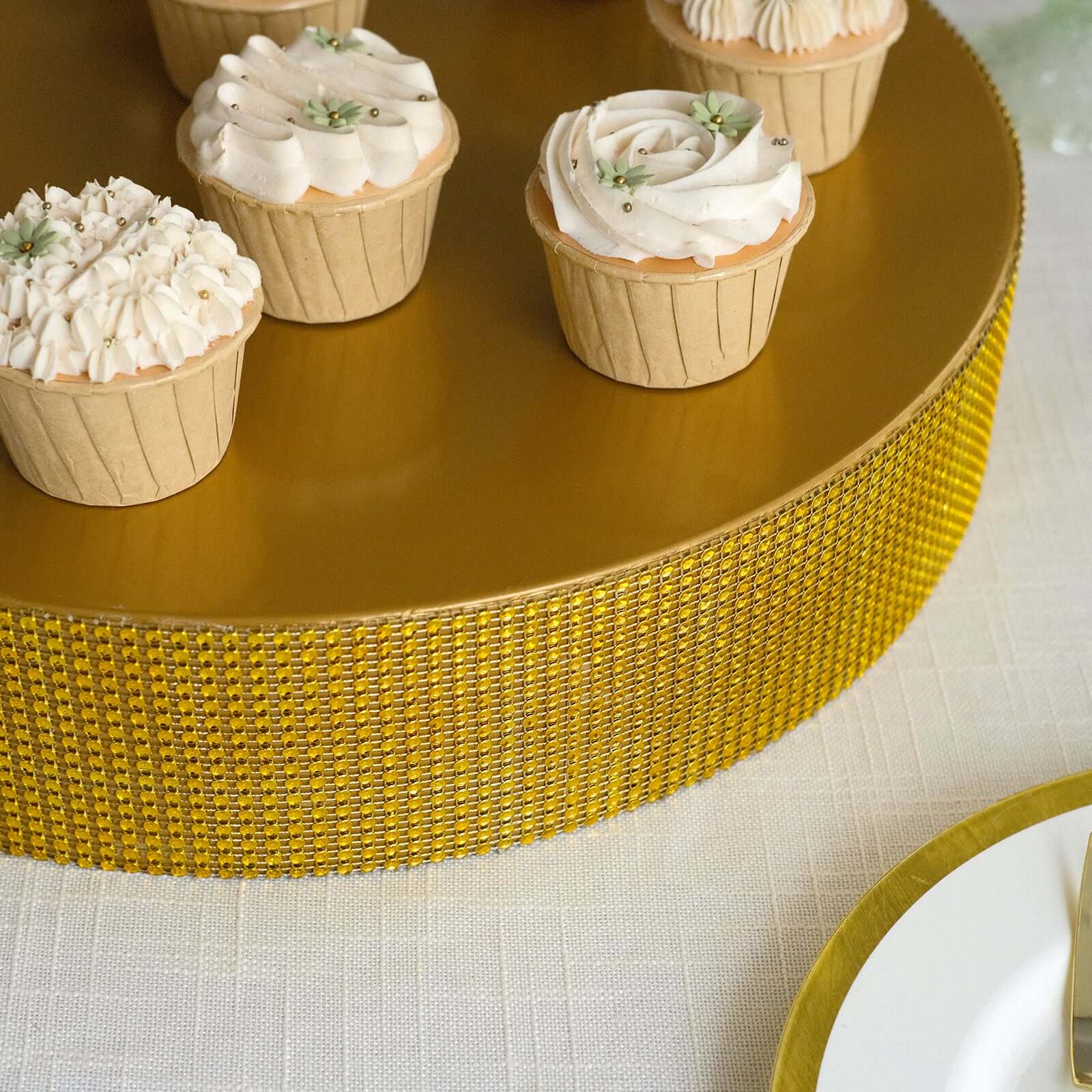 Metal Pedestal Cake Stand Round Design with Rhinestones Gold - Cupcake Holder and Dessert Table Centerpiece 16"