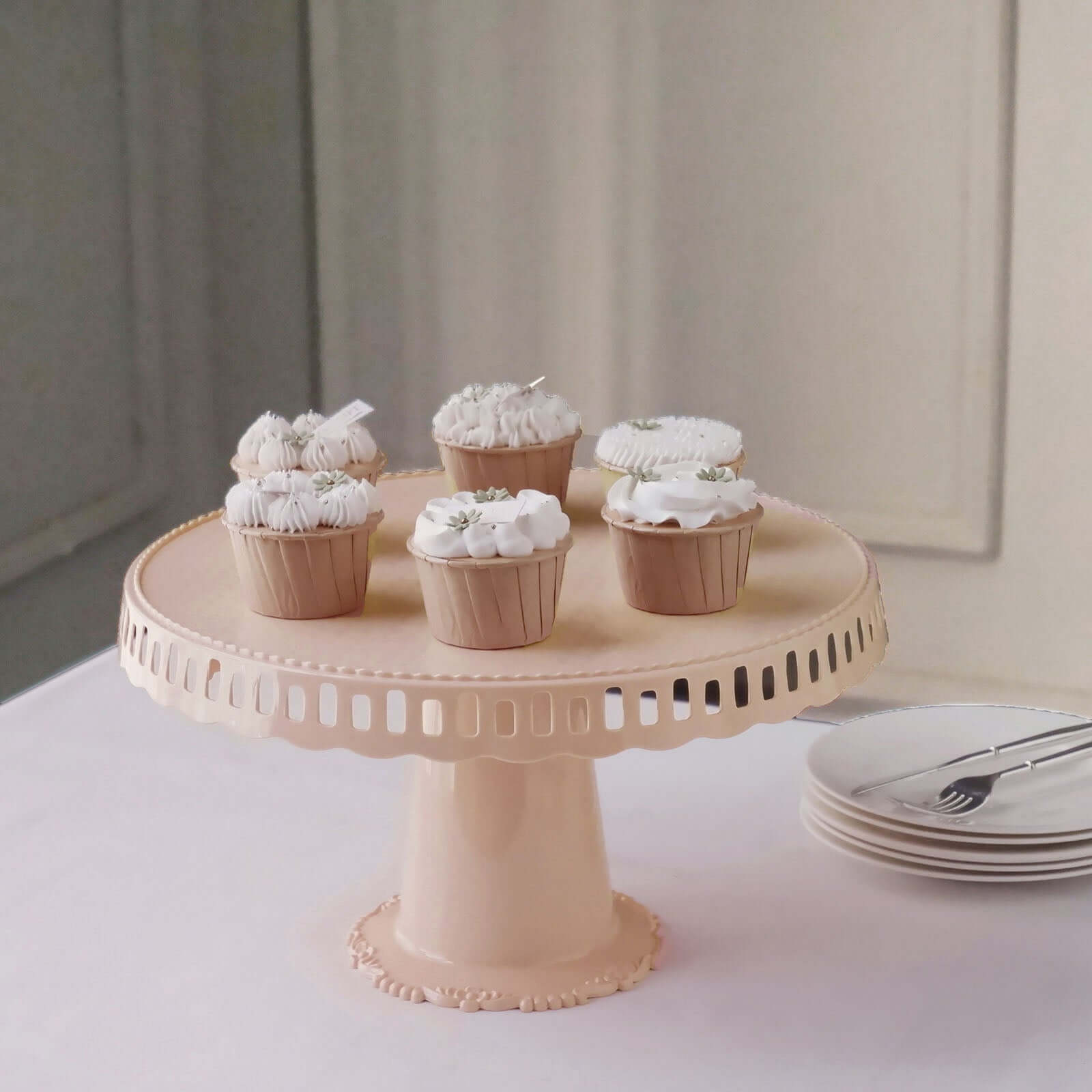 4-Pack Plastic Round Pedestal Cake Stands Blush - Reusable Cupcake Pastry Display Risers with Hollow Ribbon Trim Edges for Stylish Dessert Presentation 13"